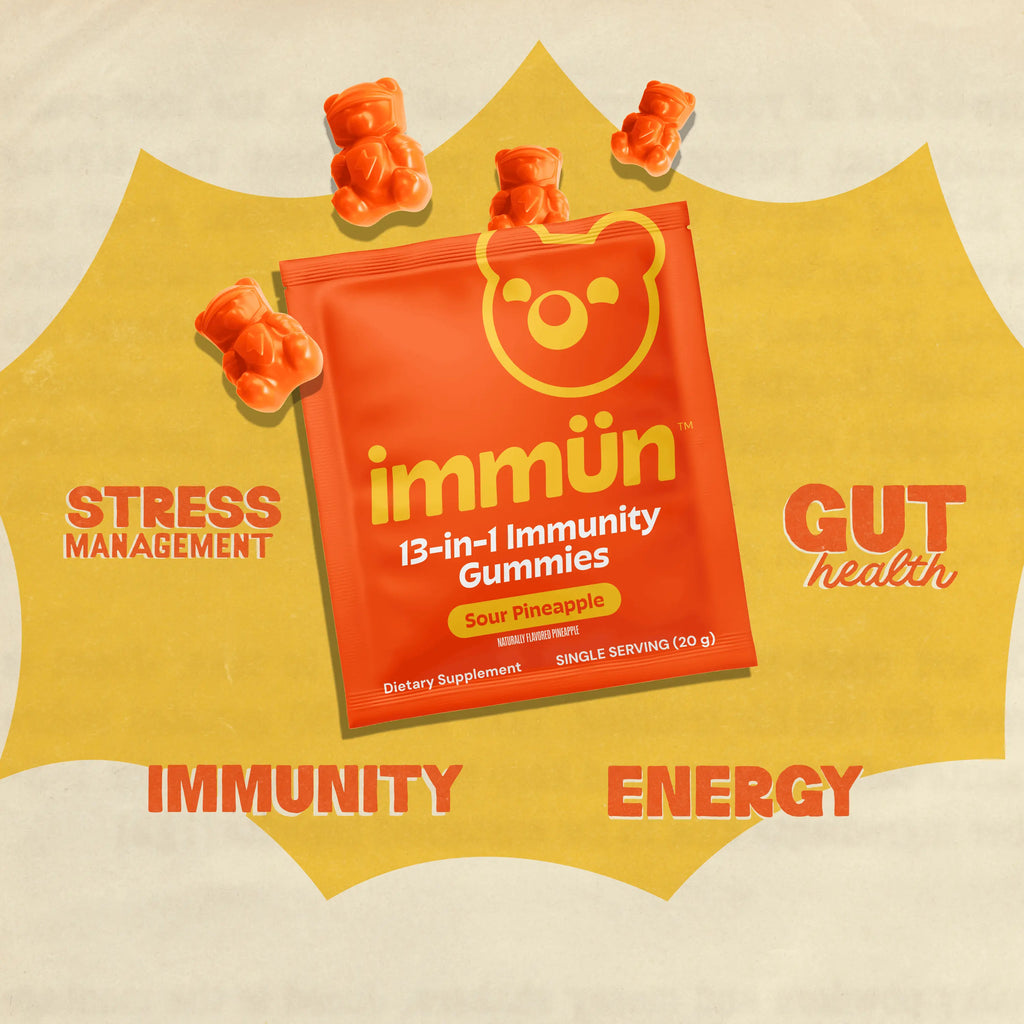 Immün 13-In-1 Immunity Gummies (Sour Pineapple): Daily Immune Defense Supplement with 13 Clinically Studied Ingredients: Vitamin C, D3, Zinc, Ashwagandha KSM-66, Elderberry, Prebiotics, Adaptogens, Gluten Free, Vegan, Third Party Tested