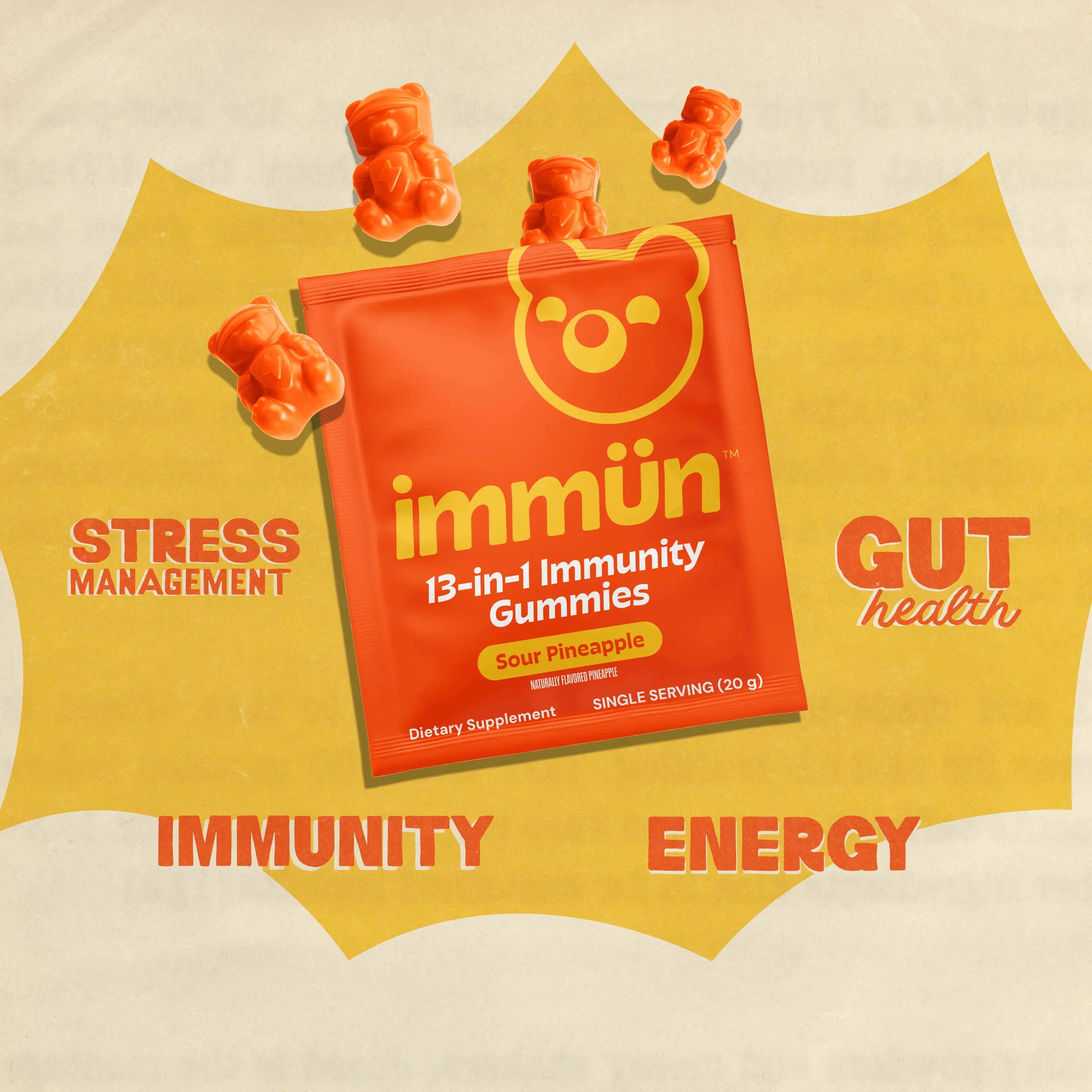 Immün 13-In-1 Immunity Gummies (Sour Pineapple): Daily Immune Defense Supplement with 13 Clinically Studied Ingredients: Vitamin C, D3, Zinc, Ashwagandha KSM-66, Elderberry, Prebiotics, Adaptogens, Gluten Free, Vegan, Third Party Tested