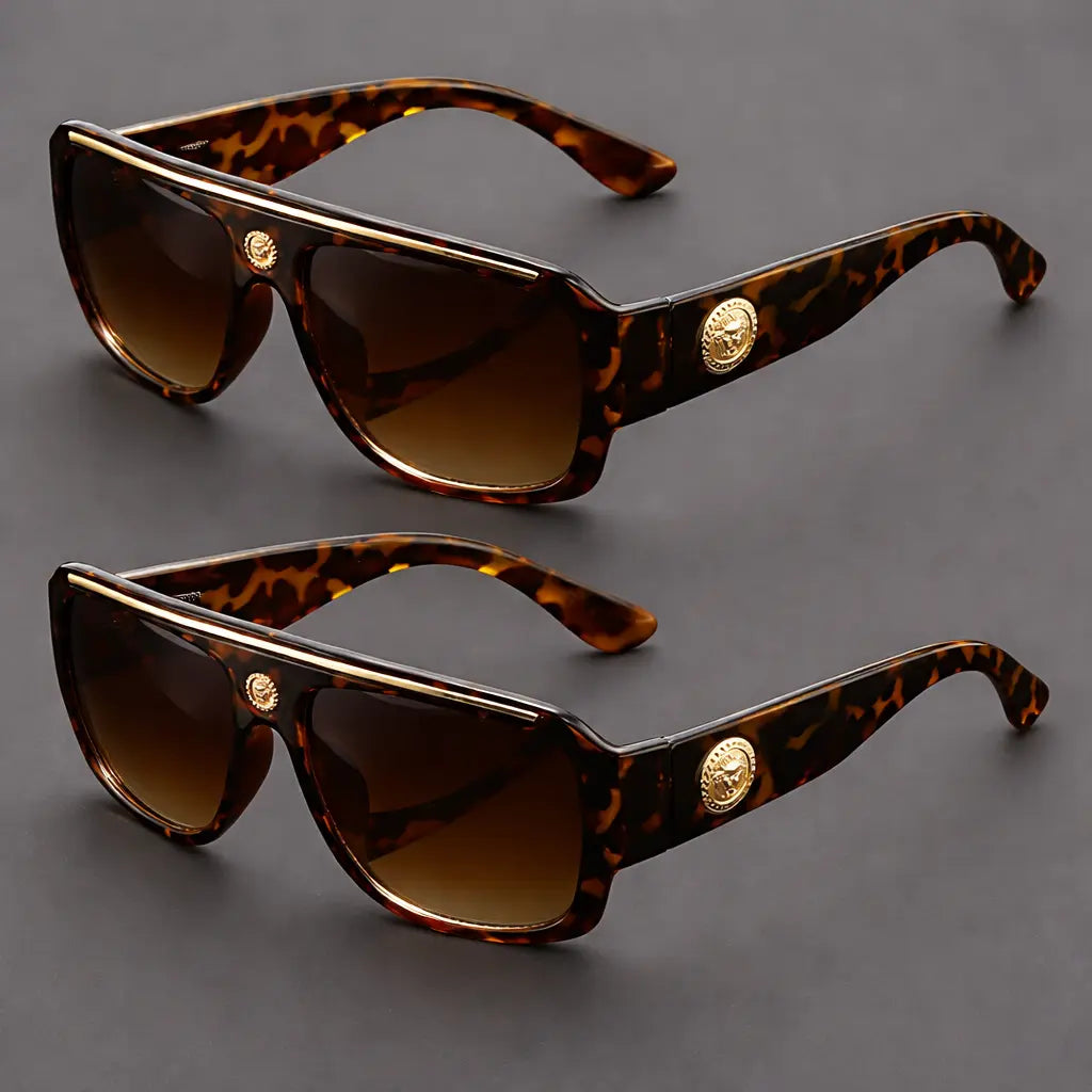 Unisex 2-Piece Vintage Full Rim Square Sunglasses, Lightweight PC (Polycarbonate) Frames with Metal Head Decoration, Fashion Eyewear for Beach & Daily Wear, Guys Gifts Women'S Sunglasses Accessories