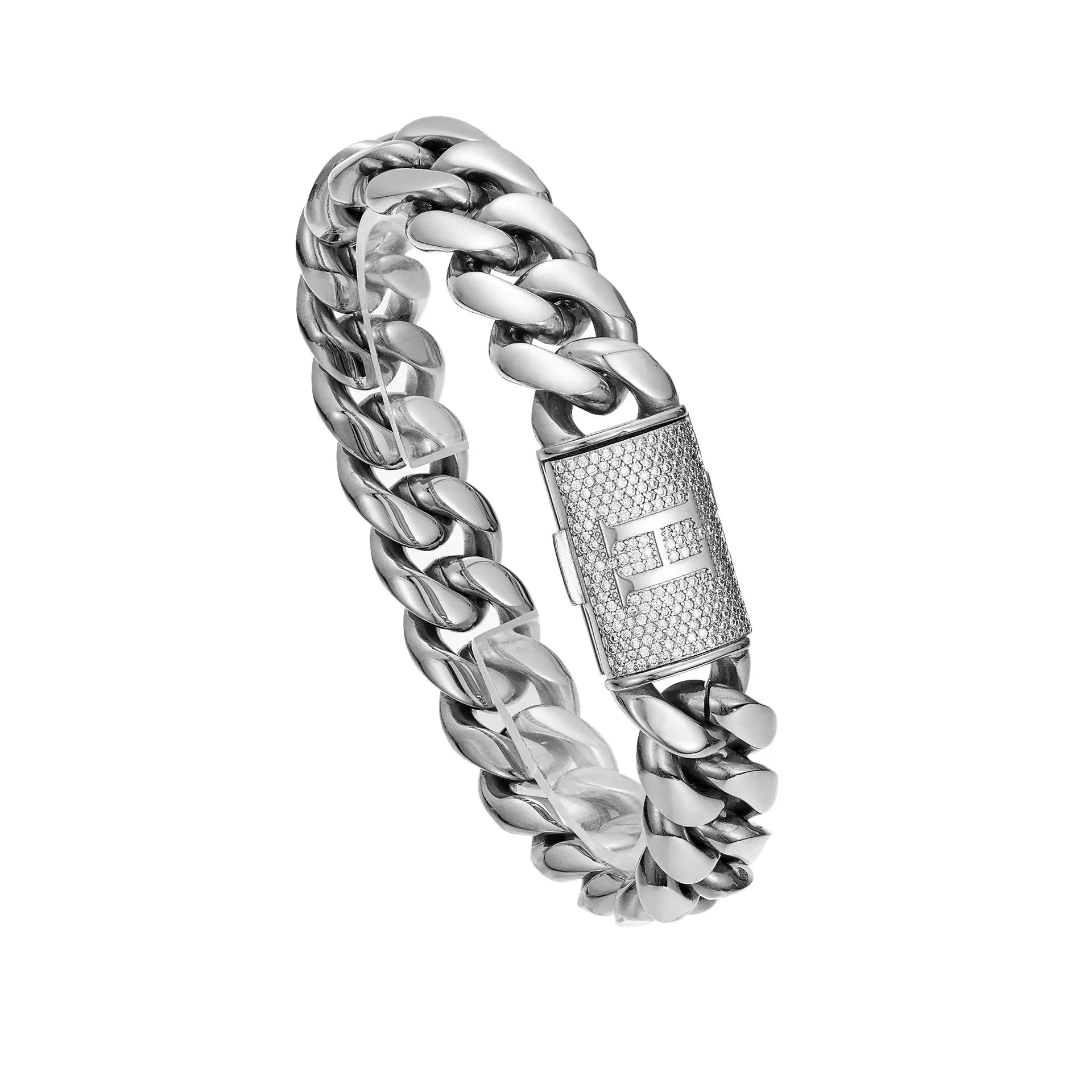 Silver Stainless Steel Cuban Link Bracelet for Men, 14Mm Heavy Chain with A–Z Initial Letter Clasp, Gothic Punk Hip Hop Style, Personalized Modern Gift for Him Tiktokshopspringglowup