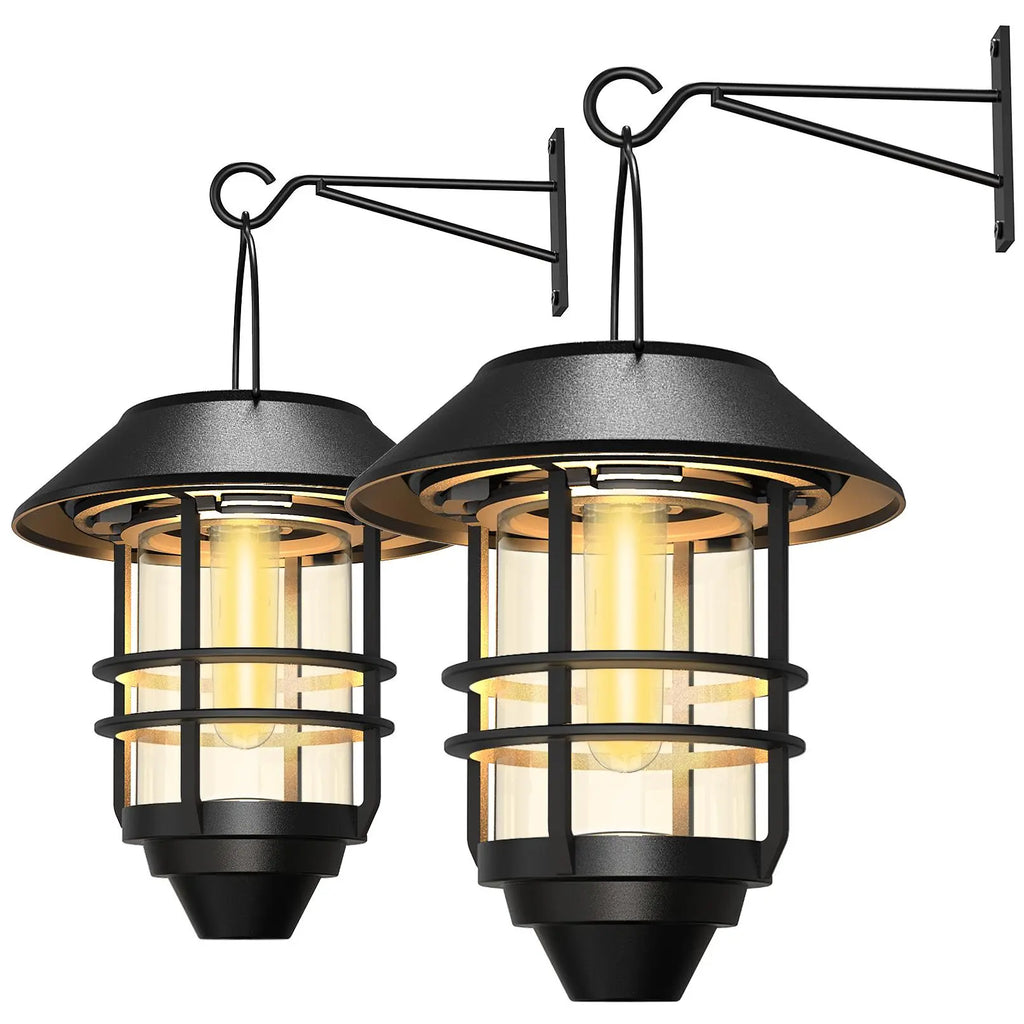 Summervibes，2 Pack Solar Wall Lantern Lights Outdoor, IP65 Waterproof Solar Powered Hanging Lights with Tungsten Filament Bulb, Dusk to Dawn Auto On/Off Solar Sconce Lights for Porch, Fence, Wall, Patio Deco