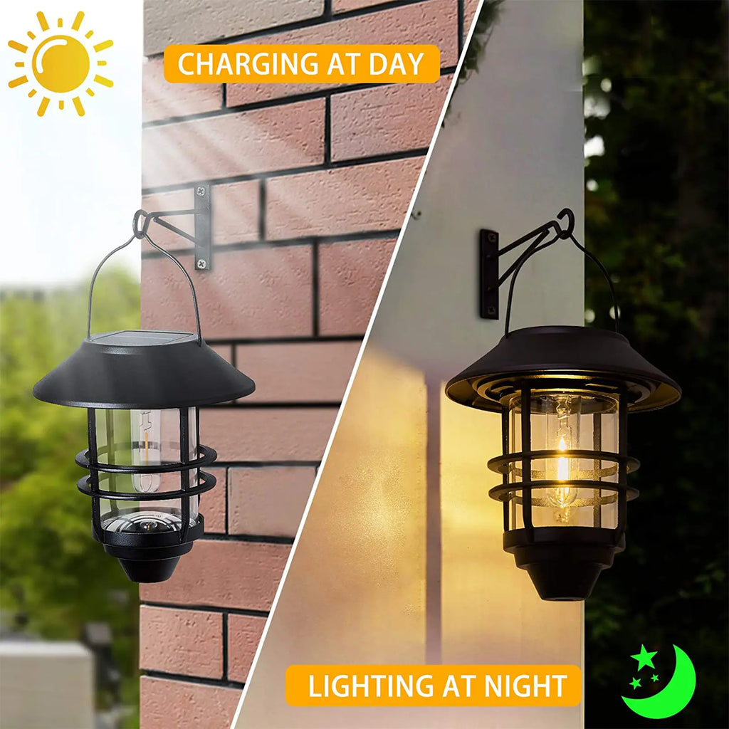 Summervibes，2 Pack Solar Wall Lantern Lights Outdoor, IP65 Waterproof Solar Powered Hanging Lights with Tungsten Filament Bulb, Dusk to Dawn Auto On/Off Solar Sconce Lights for Porch, Fence, Wall, Patio Deco