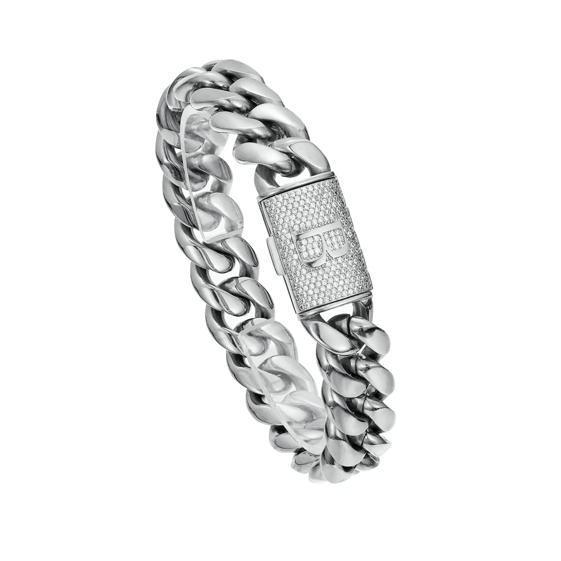 Silver Stainless Steel Cuban Link Bracelet for Men, 14Mm Heavy Chain with A–Z Initial Letter Clasp, Gothic Punk Hip Hop Style, Personalized Modern Gift for Him Tiktokshopspringglowup
