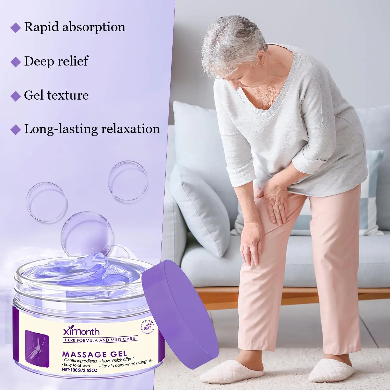 Ximonth 100G Pain Relief Massage Gel, Natural Plant Extracts Soothing Gel, Fast Absorbing Non-Greasy Joint Discomfort Relief