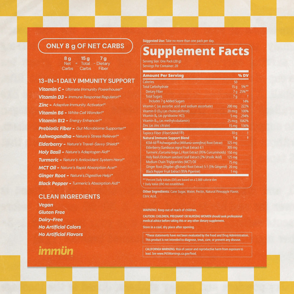 Immün 13-In-1 Immunity Gummies (Sour Pineapple): Daily Immune Defense Supplement with 13 Clinically Studied Ingredients: Vitamin C, D3, Zinc, Ashwagandha KSM-66, Elderberry, Prebiotics, Adaptogens, Gluten Free, Vegan, Third Party Tested