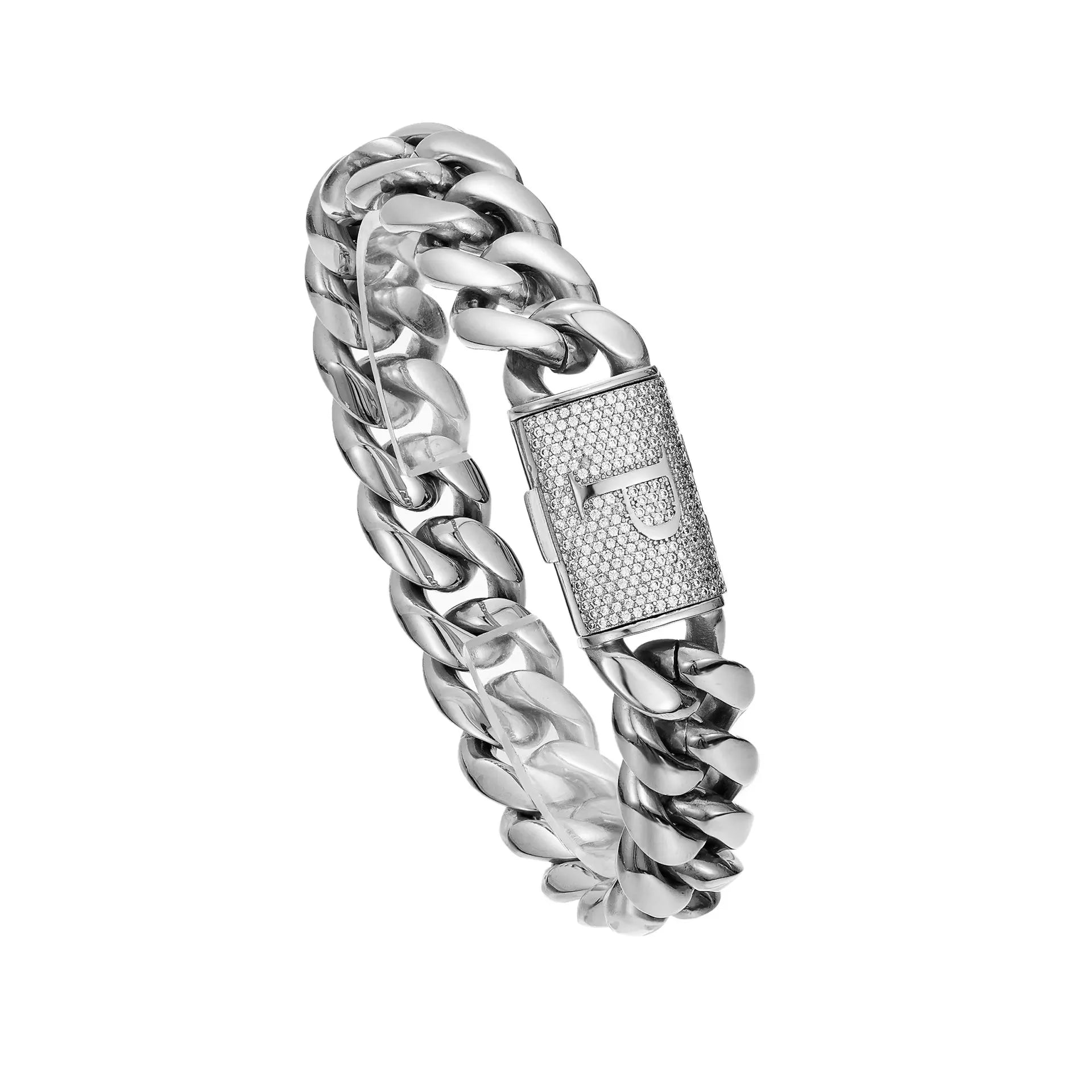 Silver Stainless Steel Cuban Link Bracelet for Men, 14Mm Heavy Chain with A–Z Initial Letter Clasp, Gothic Punk Hip Hop Style, Personalized Modern Gift for Him Tiktokshopspringglowup