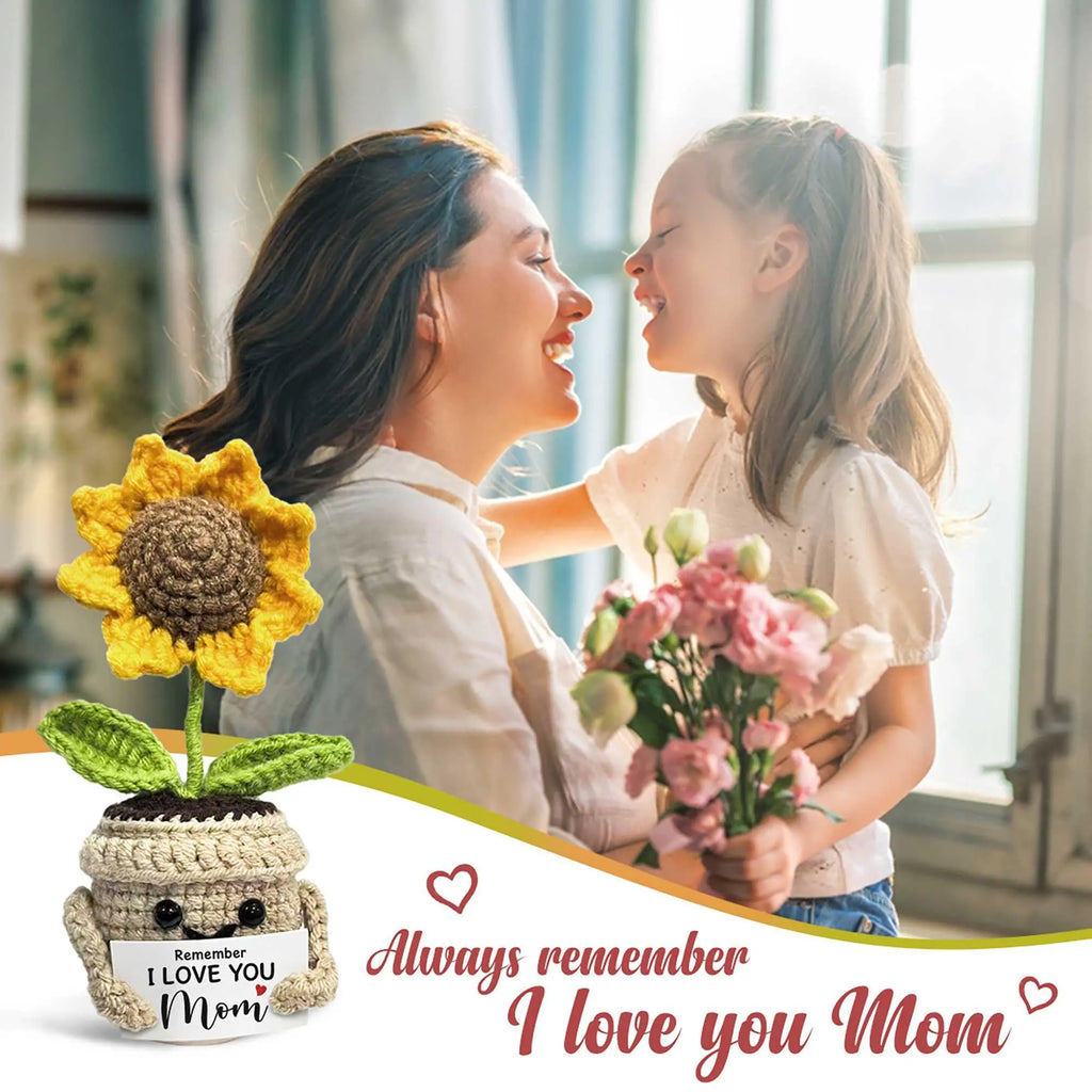Remember I Love You MOM Handmade Crochet Cute Small Sunflower Gifts, Mothers Day Birthday Gift for Mom