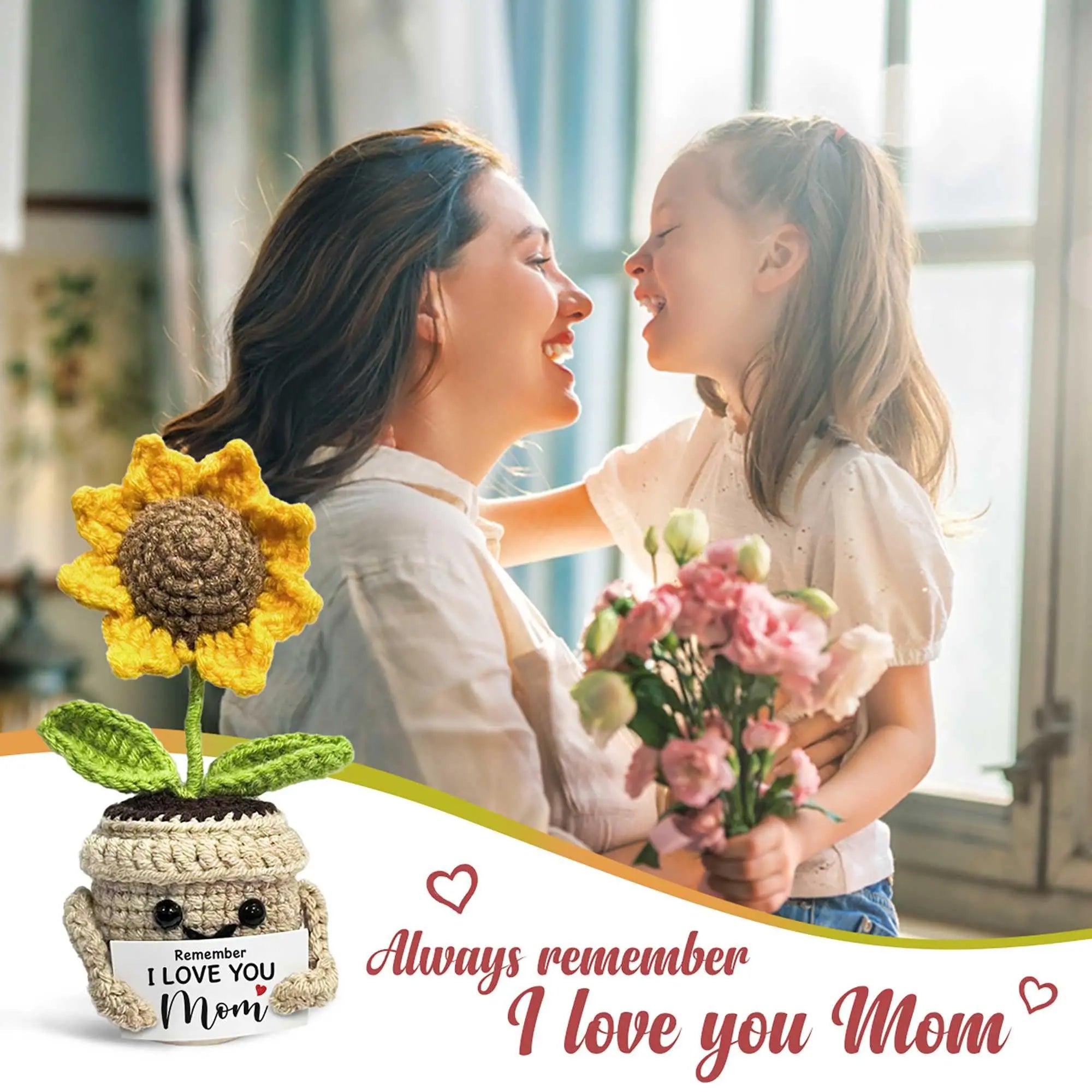 Remember I Love You MOM Handmade Crochet Cute Small Sunflower Gifts, Mothers Day Birthday Gift for Mom