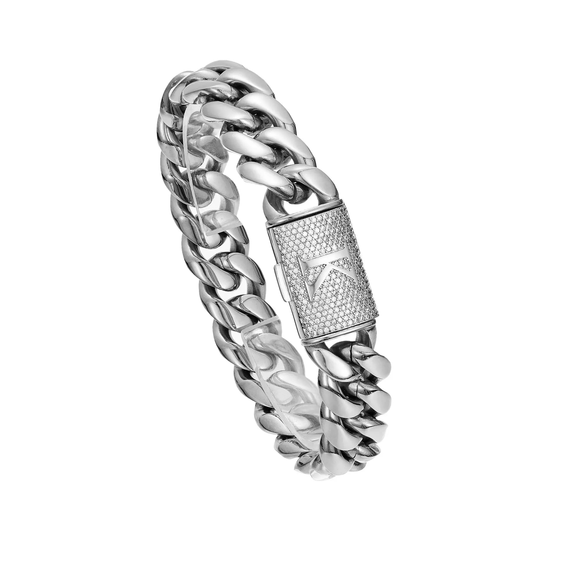 Silver Stainless Steel Cuban Link Bracelet for Men, 14Mm Heavy Chain with A–Z Initial Letter Clasp, Gothic Punk Hip Hop Style, Personalized Modern Gift for Him Tiktokshopspringglowup