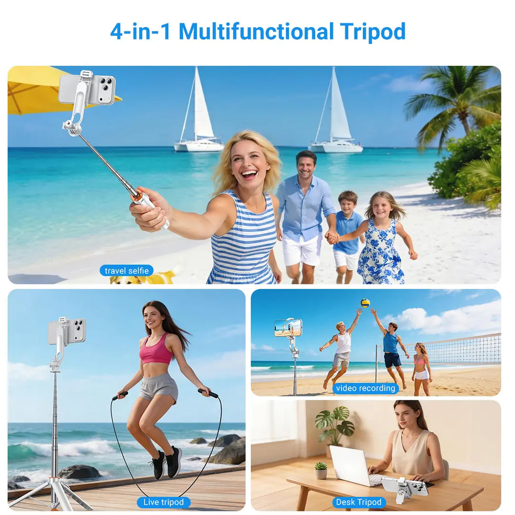 Upgraded Auto-Open 4-In-1 Selfie Stick Tripod — Convenient Shooting, Tripod, Phone Stand, Bluetooth Remote; Foldable Multi-Functional Design with Expansion Mounts: Compatible with Phones, Mirrorless & Action Cameras; Works with All Ios & Android Devices