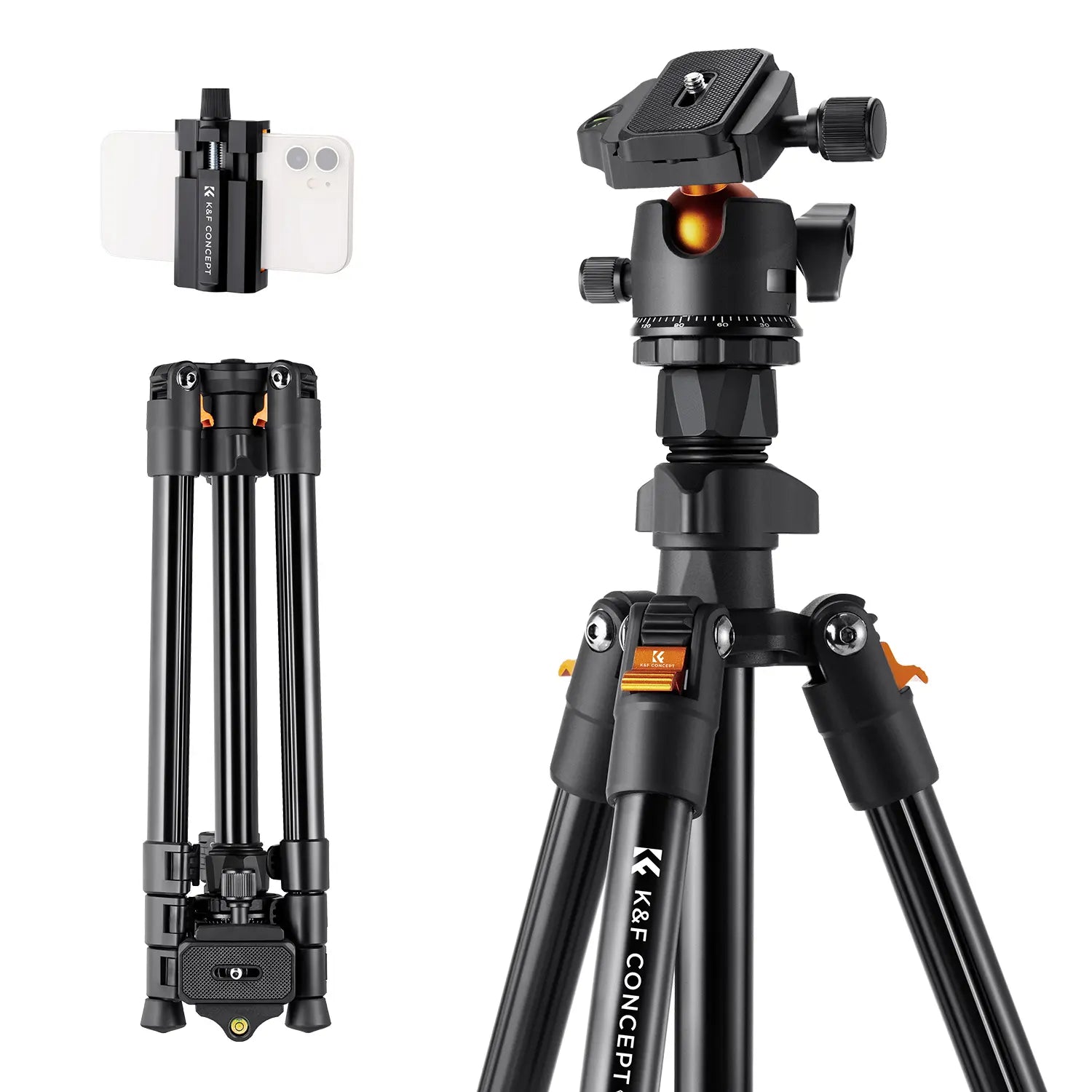 [K&F CONCEPT]K&F Concept 64 Inch/163Cm Camera Tripod,Lightweight Travel Outdoor DSLR Tripods with 360 Degree Ball Head Load Capacity 8Kg/17.6Lbs,Cellphone Clip for Smartphone Live Streaming Vlog O234A1+BH-36 ,Deskmount