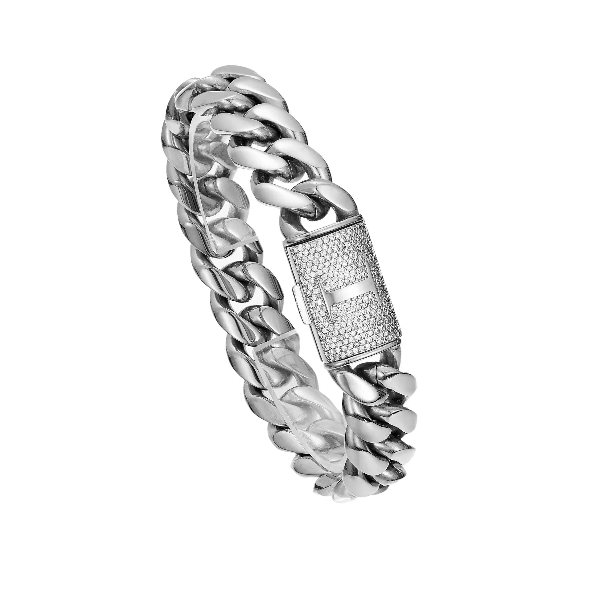Silver Stainless Steel Cuban Link Bracelet for Men, 14Mm Heavy Chain with A–Z Initial Letter Clasp, Gothic Punk Hip Hop Style, Personalized Modern Gift for Him Tiktokshopspringglowup