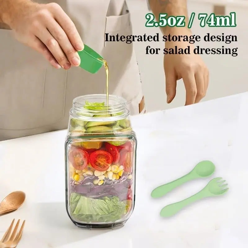Portable Salad Jar with Side Access Leak-Proof Reusable Snack Container Food Storage Container with Sauce Compartment Lid and Spoon for Outdoor Picnic BBQ for Renters Young Families Home Cooks