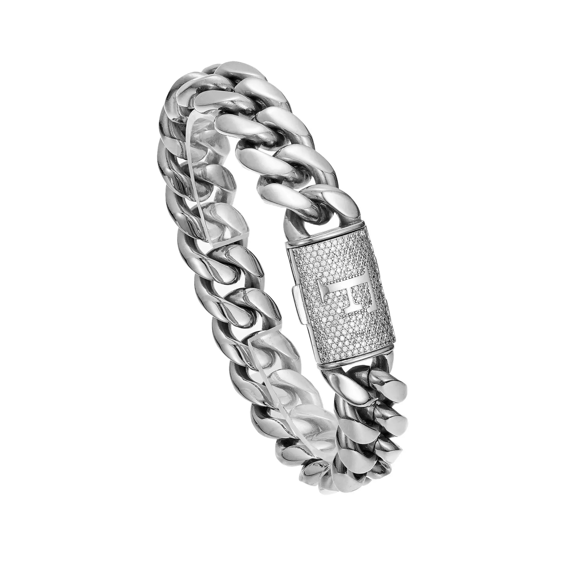 Silver Stainless Steel Cuban Link Bracelet for Men, 14Mm Heavy Chain with A–Z Initial Letter Clasp, Gothic Punk Hip Hop Style, Personalized Modern Gift for Him Tiktokshopspringglowup