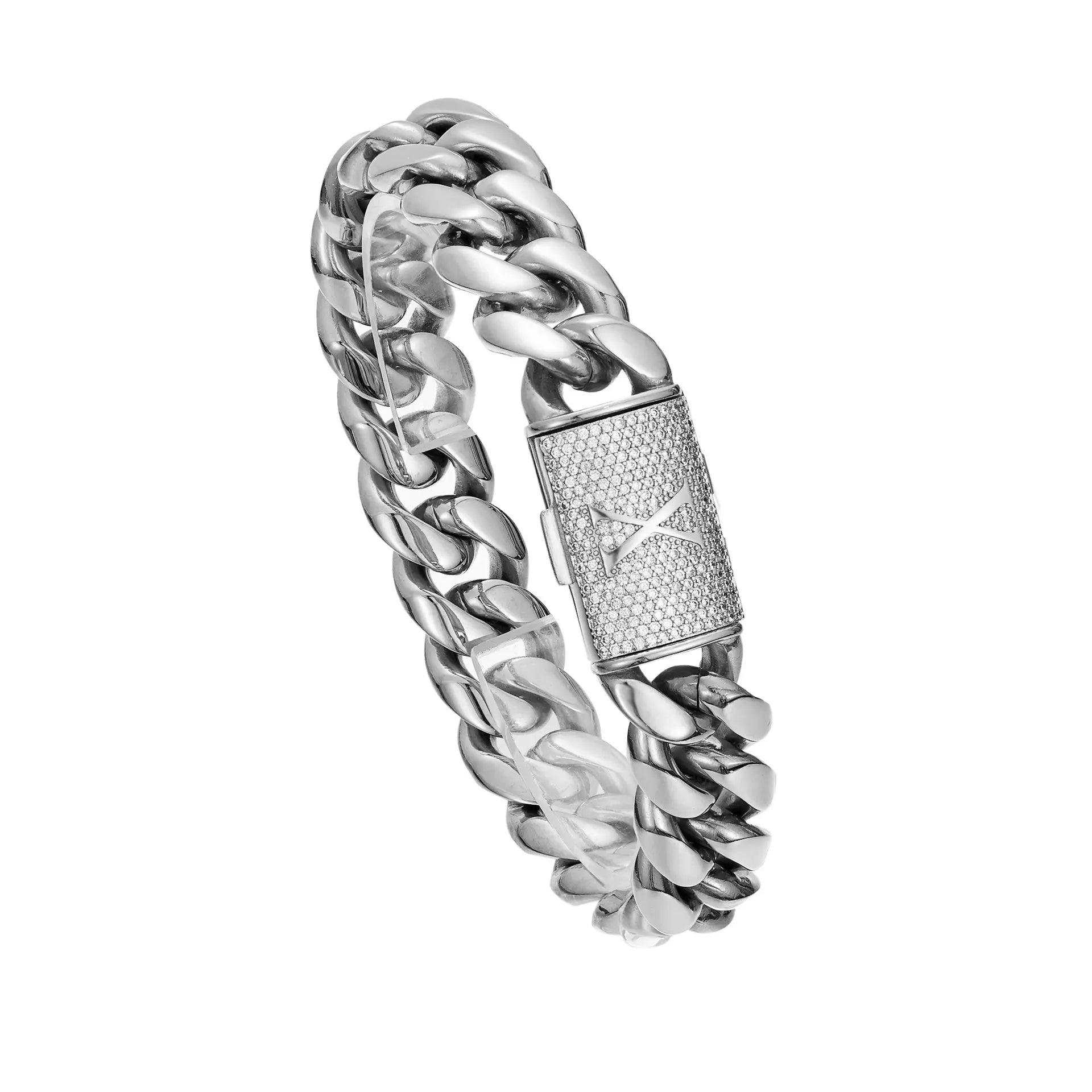 Silver Stainless Steel Cuban Link Bracelet for Men, 14Mm Heavy Chain with A–Z Initial Letter Clasp, Gothic Punk Hip Hop Style, Personalized Modern Gift for Him Tiktokshopspringglowup