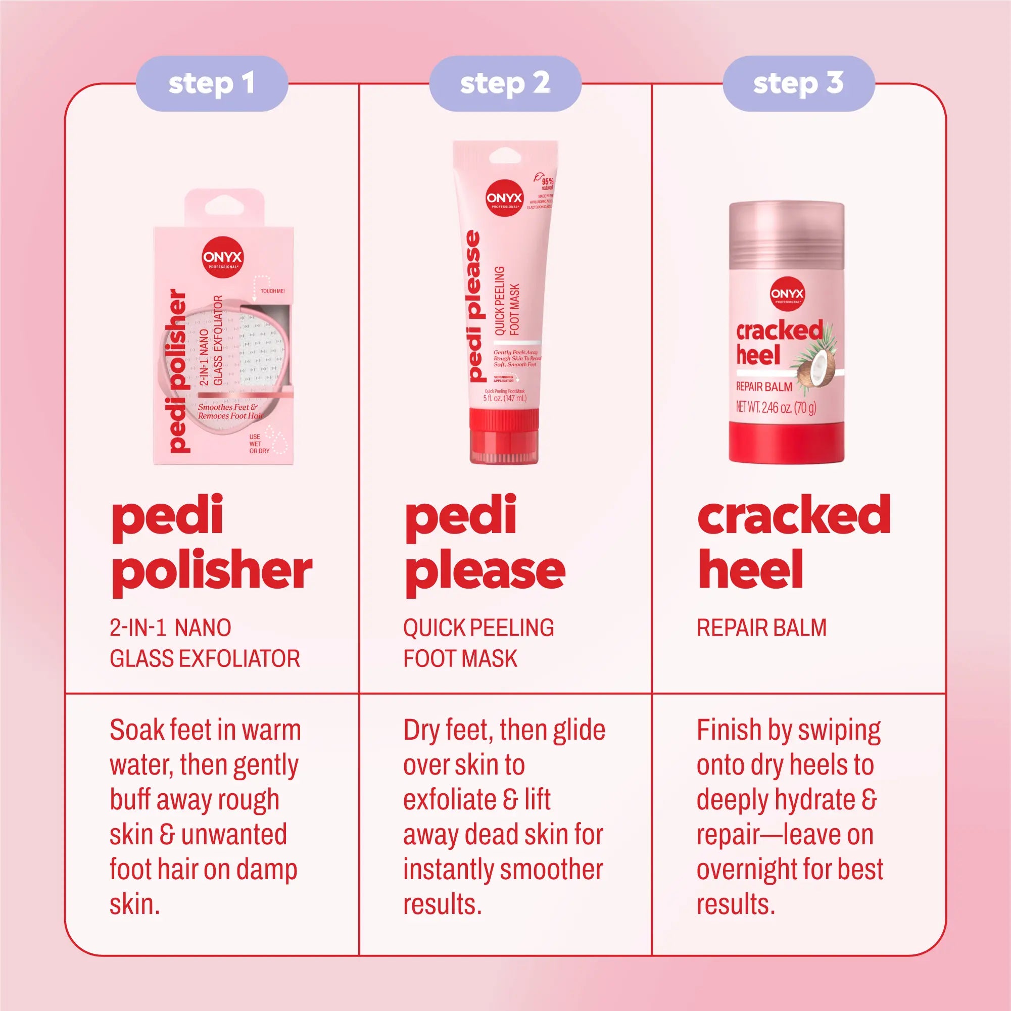 Onyx Professional 3-Step Foot Facial | Includes 3 Products to Smooth, Soften & Moisturize Dry & Callused Feet with Pedi Please, Pedi Polisher, & Cracked Heel Balm