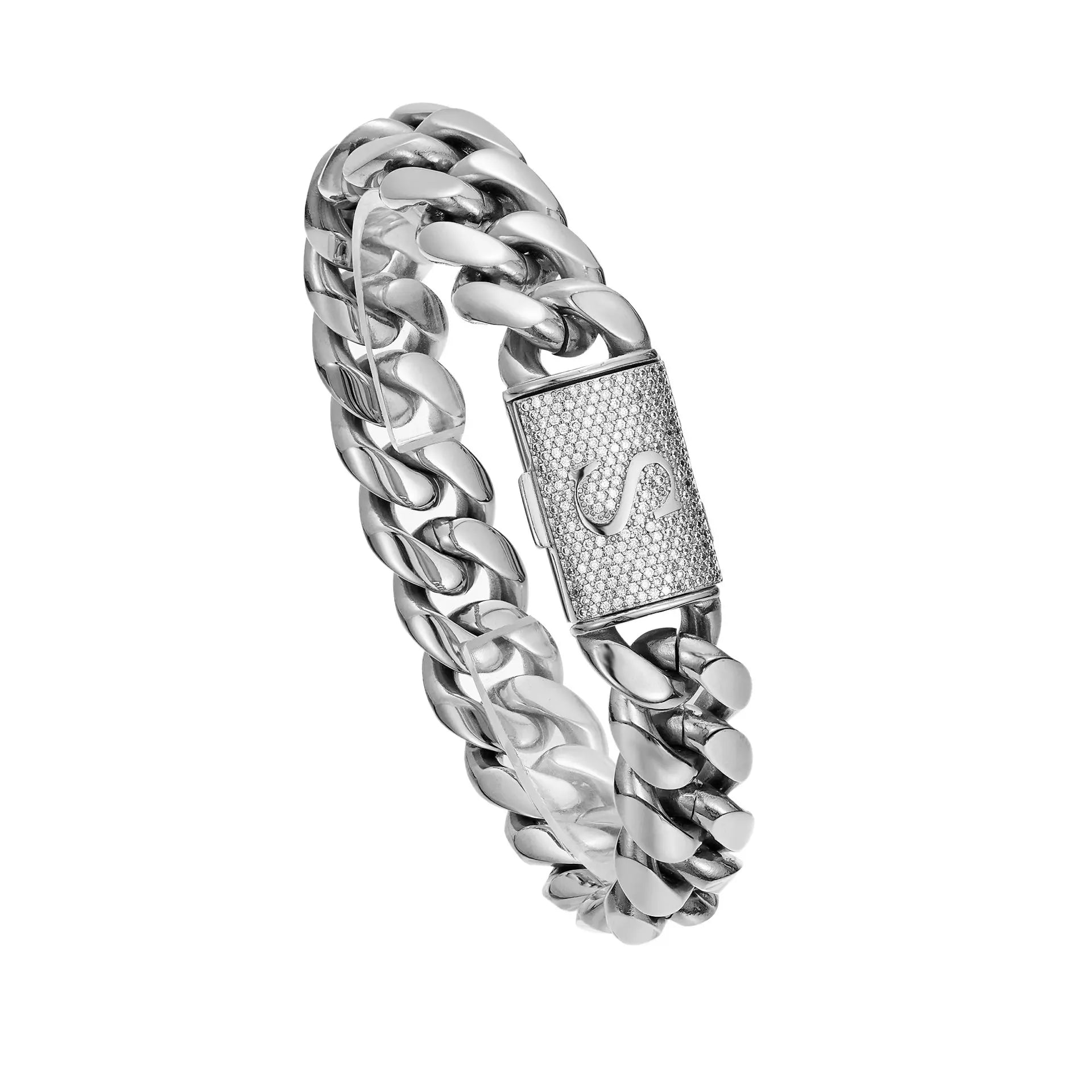Silver Stainless Steel Cuban Link Bracelet for Men, 14Mm Heavy Chain with A–Z Initial Letter Clasp, Gothic Punk Hip Hop Style, Personalized Modern Gift for Him Tiktokshopspringglowup
