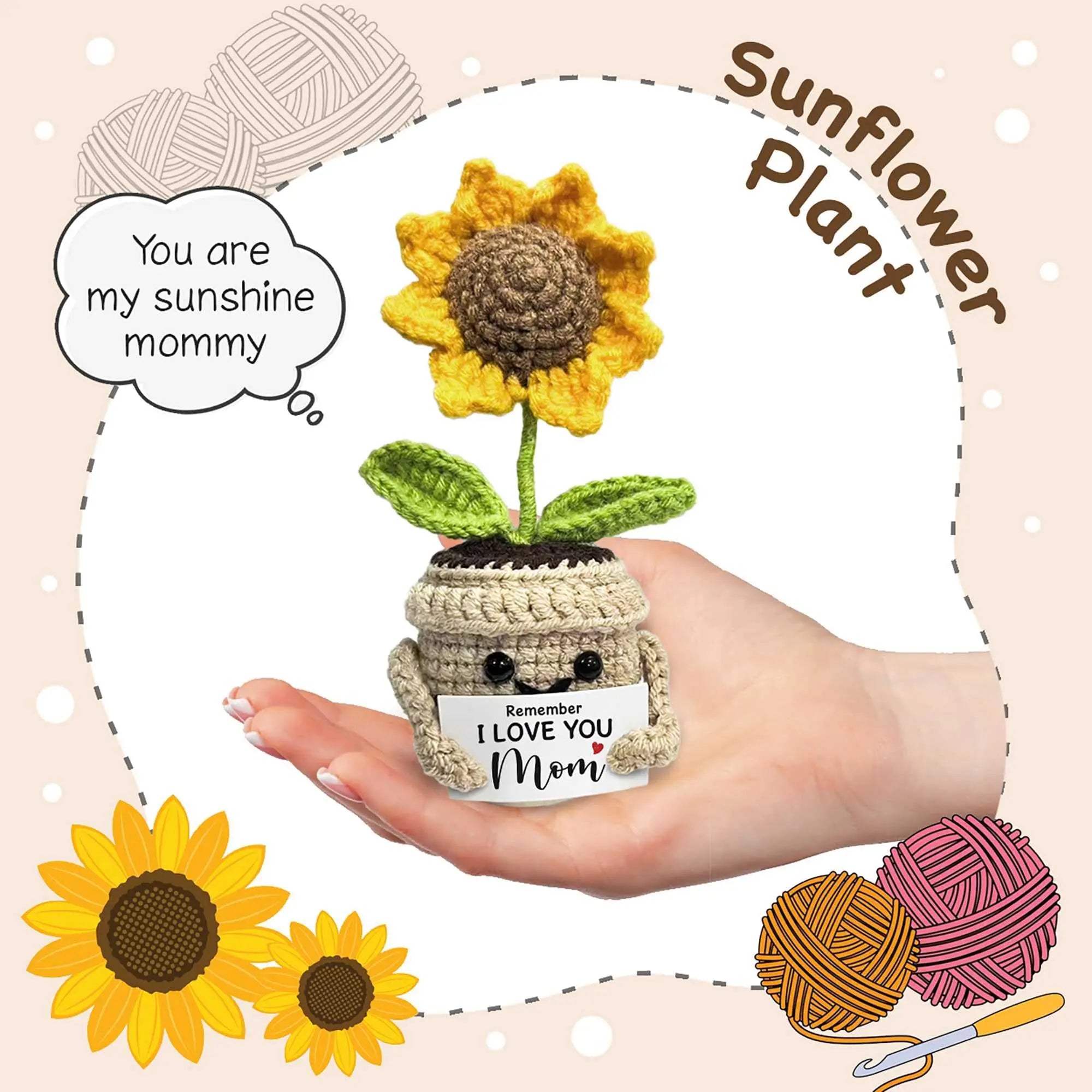Remember I Love You MOM Handmade Crochet Cute Small Sunflower Gifts, Mothers Day Birthday Gift for Mom