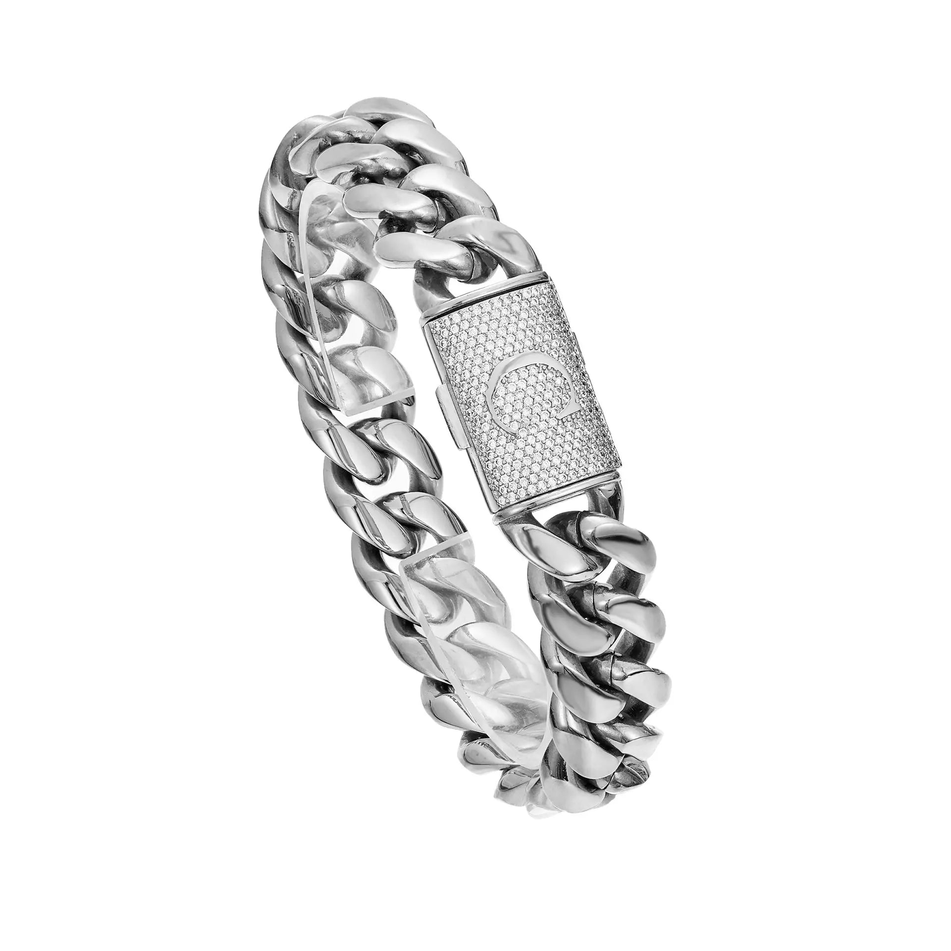 Silver Stainless Steel Cuban Link Bracelet for Men, 14Mm Heavy Chain with A–Z Initial Letter Clasp, Gothic Punk Hip Hop Style, Personalized Modern Gift for Him Tiktokshopspringglowup