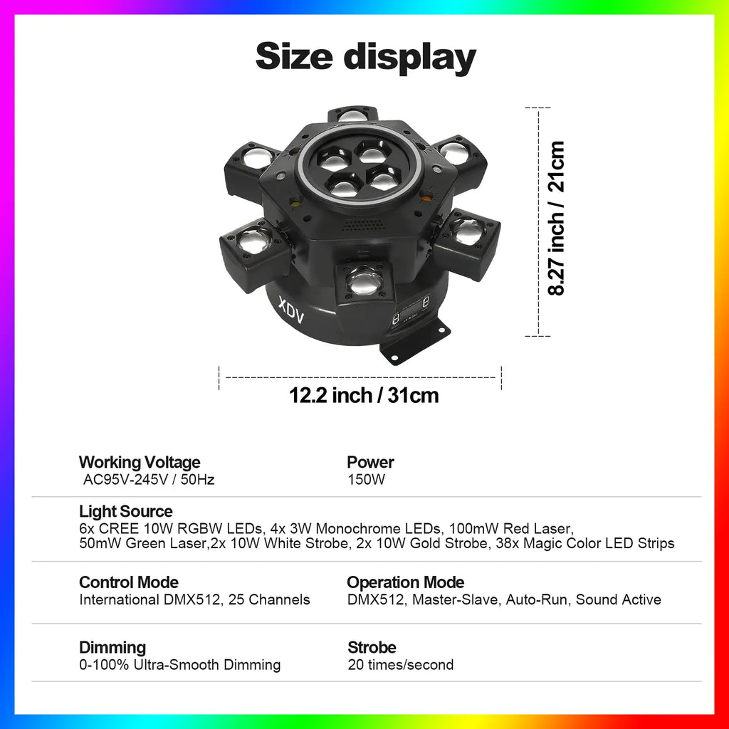 XDV 150W 6 Arms Moving Head DJ Light – RGBW Stage Light with DMX-512 & Sound Active for Parties, Weddings & Events