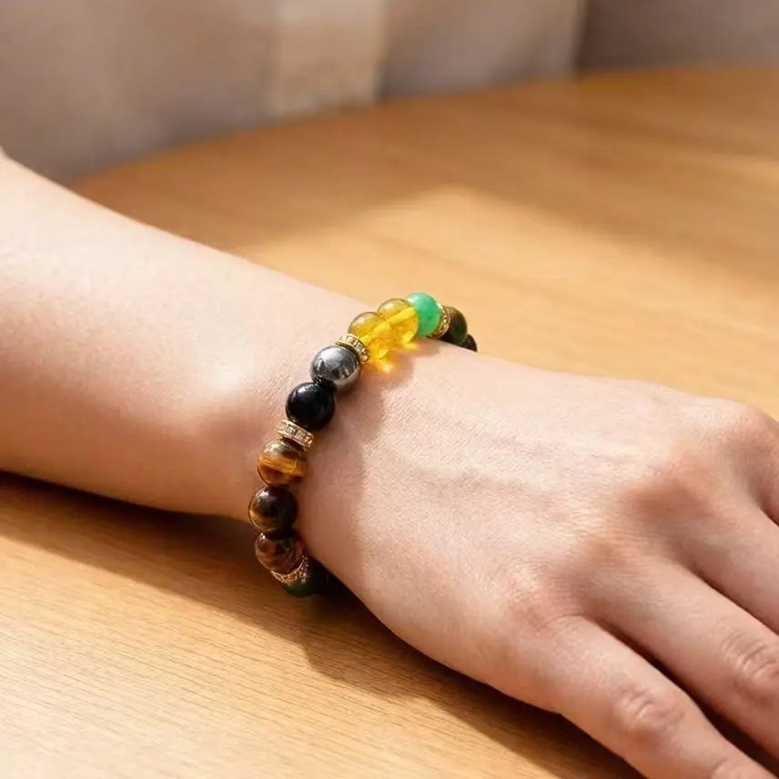 Attract Wealth,Abundance and Prosperity - Lucky Money Bracelet W/ Black Onyx & Tiger'S Eye,Natural Tiger Eye Beaded Lemon Jade + Jade Green Money Attracting Bracelet