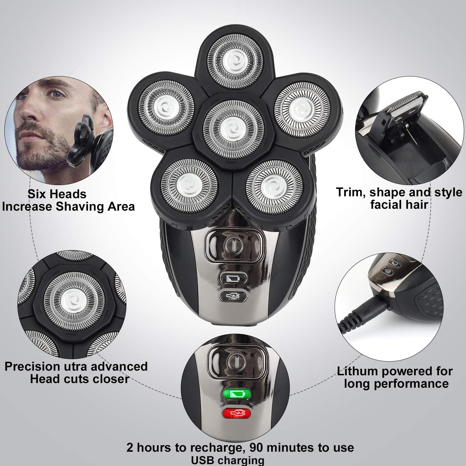 Electric Razor for Men, 5-In-1 Head Shavers for Bald Men, Wet & Dry, Rechargeable, Black