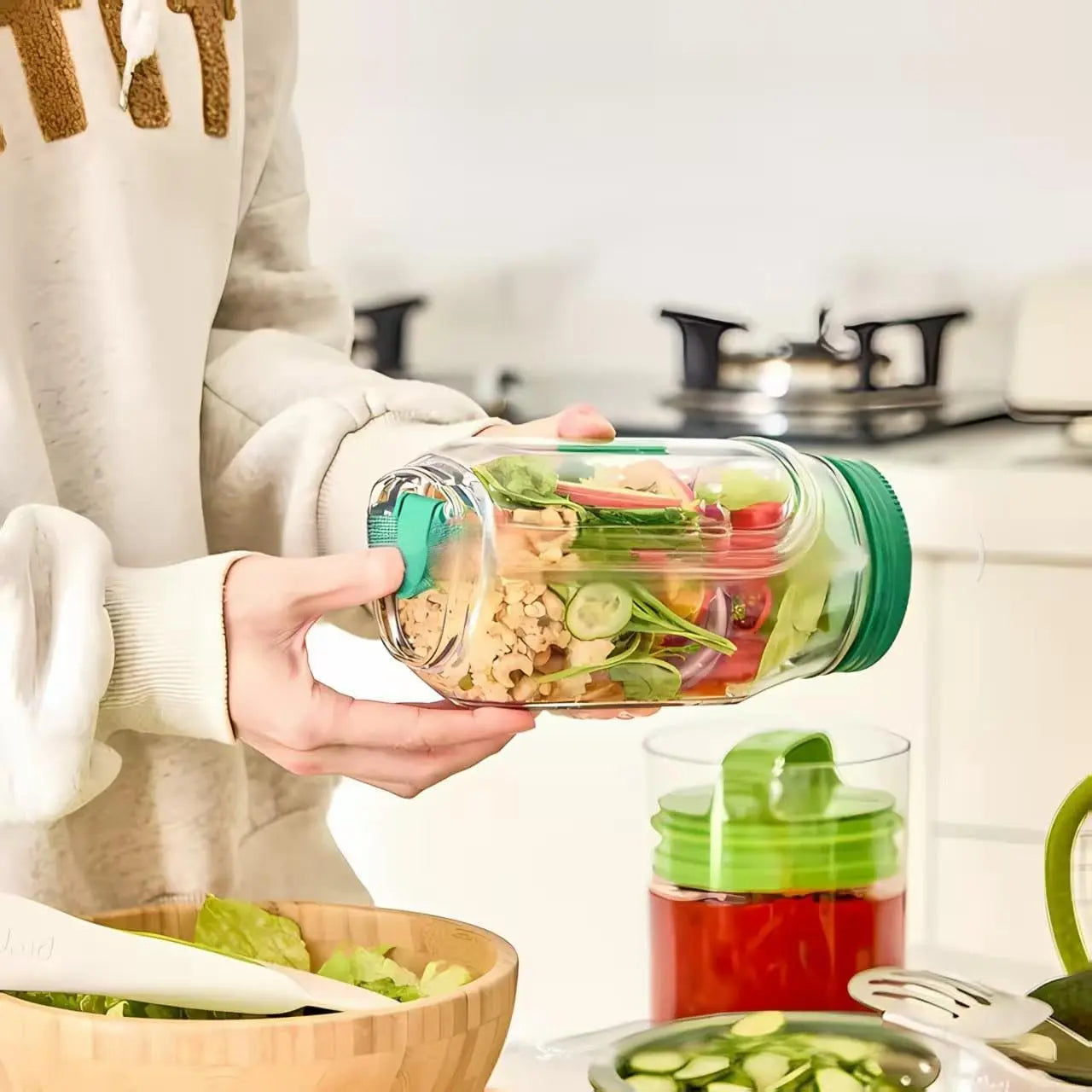 Portable Salad Jar with Side Access Leak-Proof Reusable Snack Container Food Storage Container with Sauce Compartment Lid and Spoon for Outdoor Picnic BBQ for Renters Young Families Home Cooks