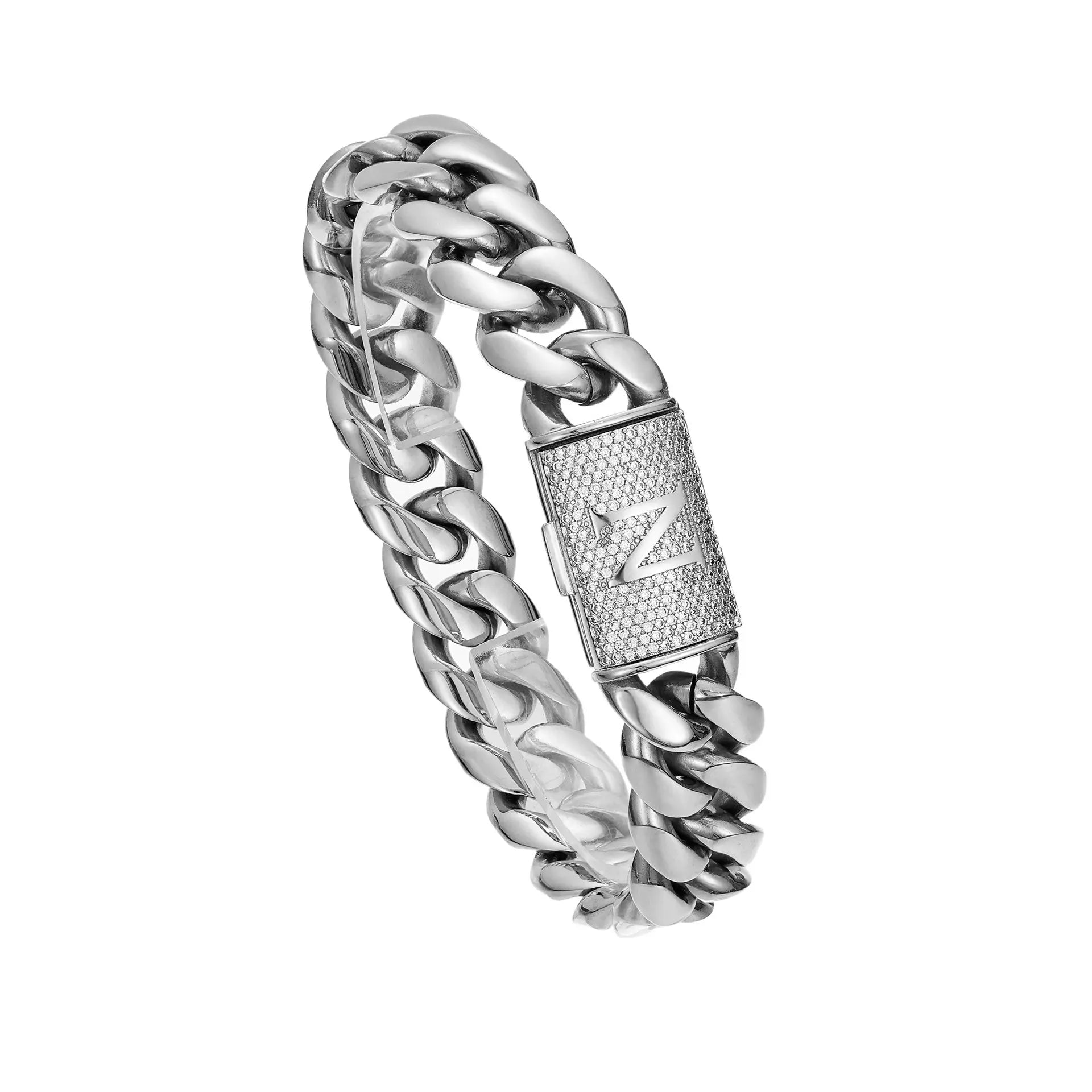 Silver Stainless Steel Cuban Link Bracelet for Men, 14Mm Heavy Chain with A–Z Initial Letter Clasp, Gothic Punk Hip Hop Style, Personalized Modern Gift for Him Tiktokshopspringglowup