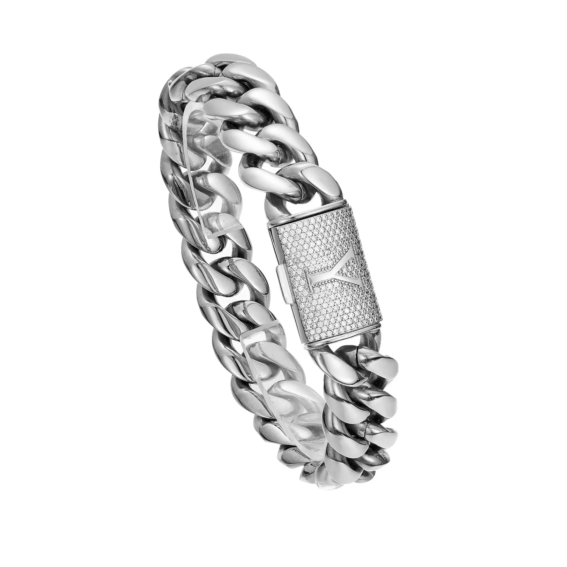Silver Stainless Steel Cuban Link Bracelet for Men, 14Mm Heavy Chain with A–Z Initial Letter Clasp, Gothic Punk Hip Hop Style, Personalized Modern Gift for Him Tiktokshopspringglowup