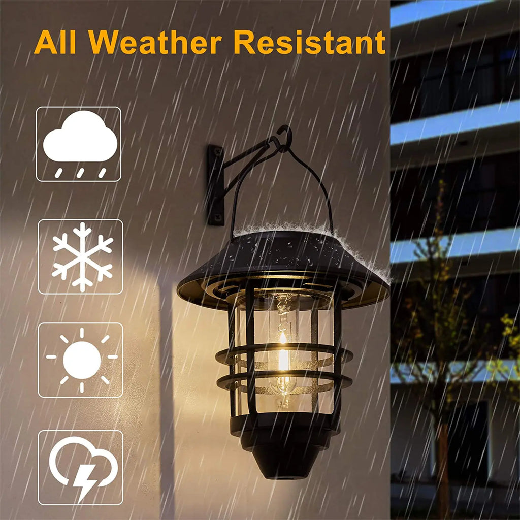 Summervibes，2 Pack Solar Wall Lantern Lights Outdoor, IP65 Waterproof Solar Powered Hanging Lights with Tungsten Filament Bulb, Dusk to Dawn Auto On/Off Solar Sconce Lights for Porch, Fence, Wall, Patio Deco