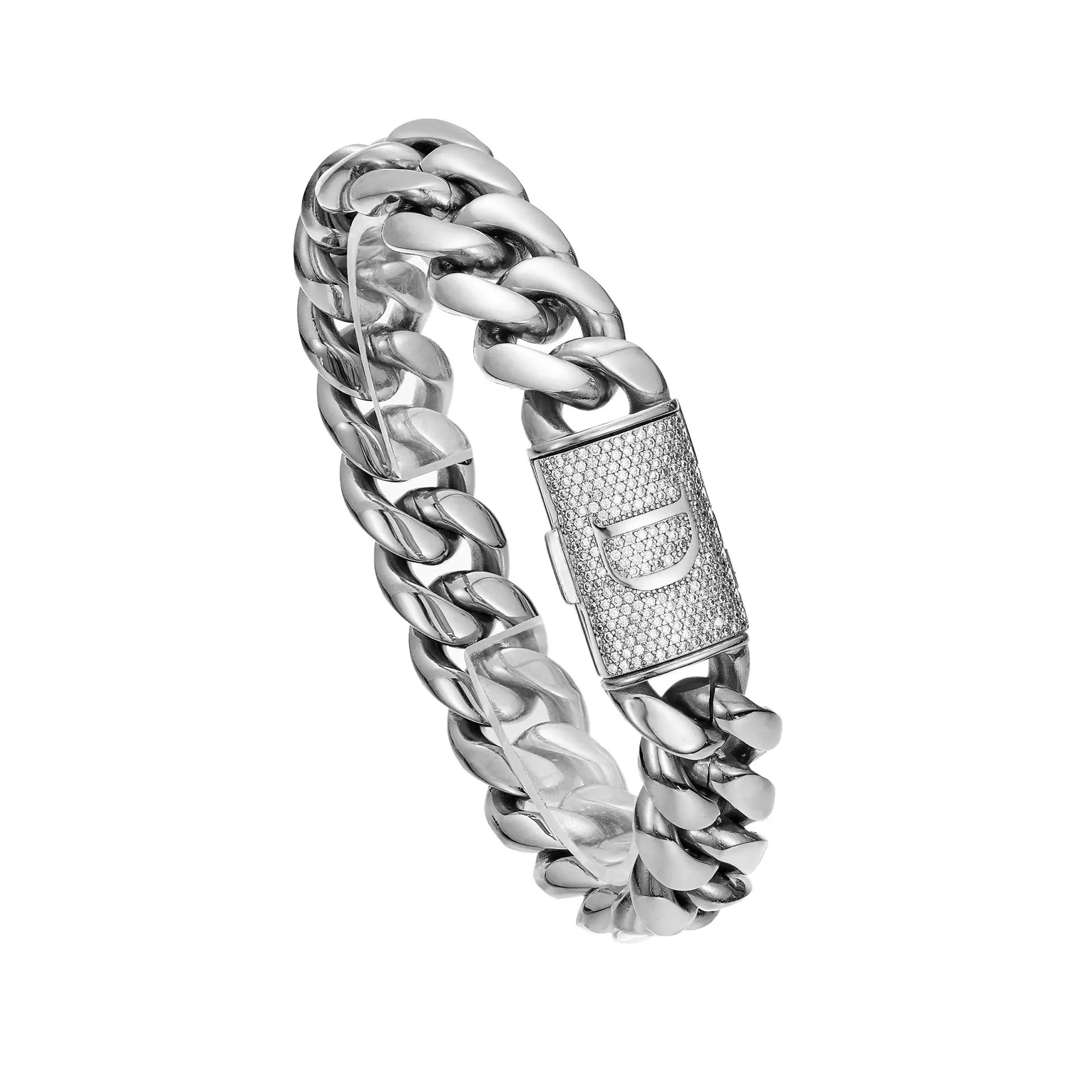 Silver Stainless Steel Cuban Link Bracelet for Men, 14Mm Heavy Chain with A–Z Initial Letter Clasp, Gothic Punk Hip Hop Style, Personalized Modern Gift for Him Tiktokshopspringglowup