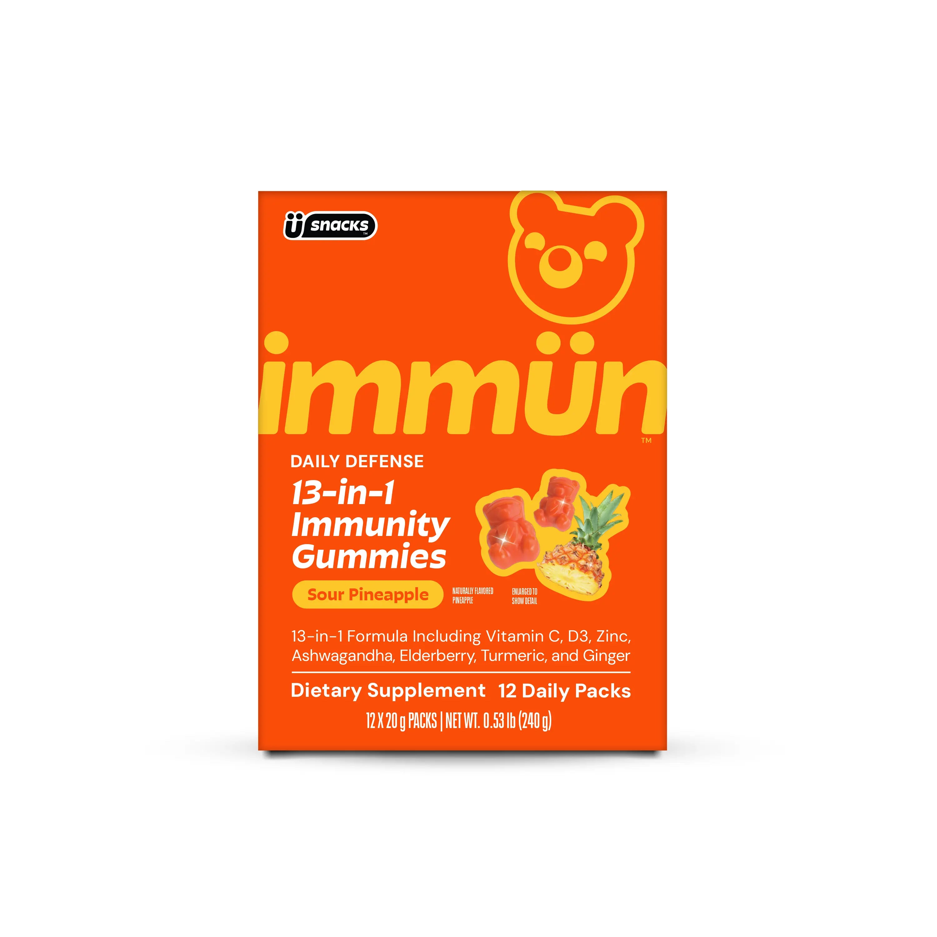 Immün 13-In-1 Immunity Gummies (Sour Pineapple): Daily Immune Defense Supplement with 13 Clinically Studied Ingredients: Vitamin C, D3, Zinc, Ashwagandha KSM-66, Elderberry, Prebiotics, Adaptogens, Gluten Free, Vegan, Third Party Tested