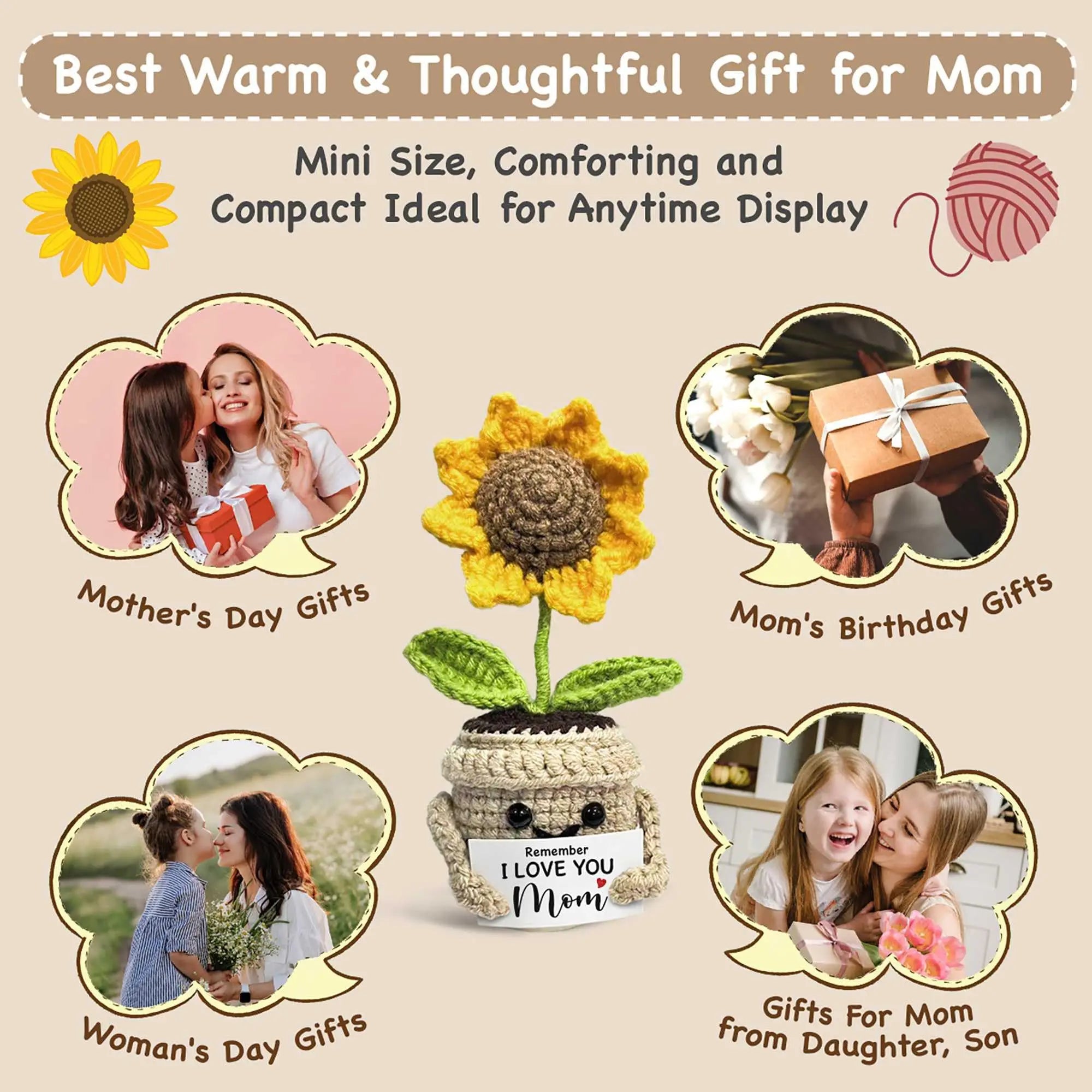 Remember I Love You MOM Handmade Crochet Cute Small Sunflower Gifts, Mothers Day Birthday Gift for Mom