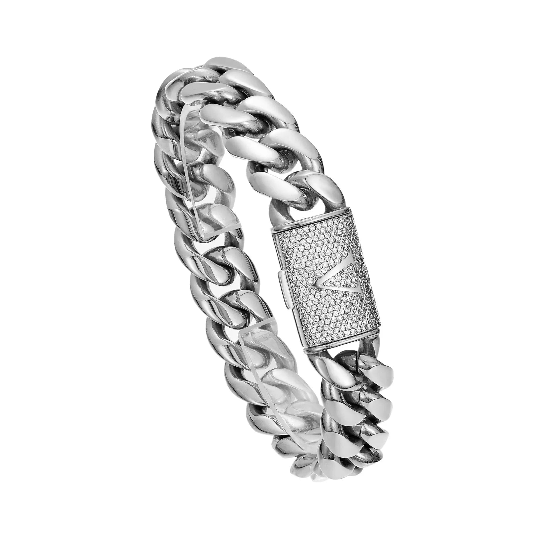 Silver Stainless Steel Cuban Link Bracelet for Men, 14Mm Heavy Chain with A–Z Initial Letter Clasp, Gothic Punk Hip Hop Style, Personalized Modern Gift for Him Tiktokshopspringglowup