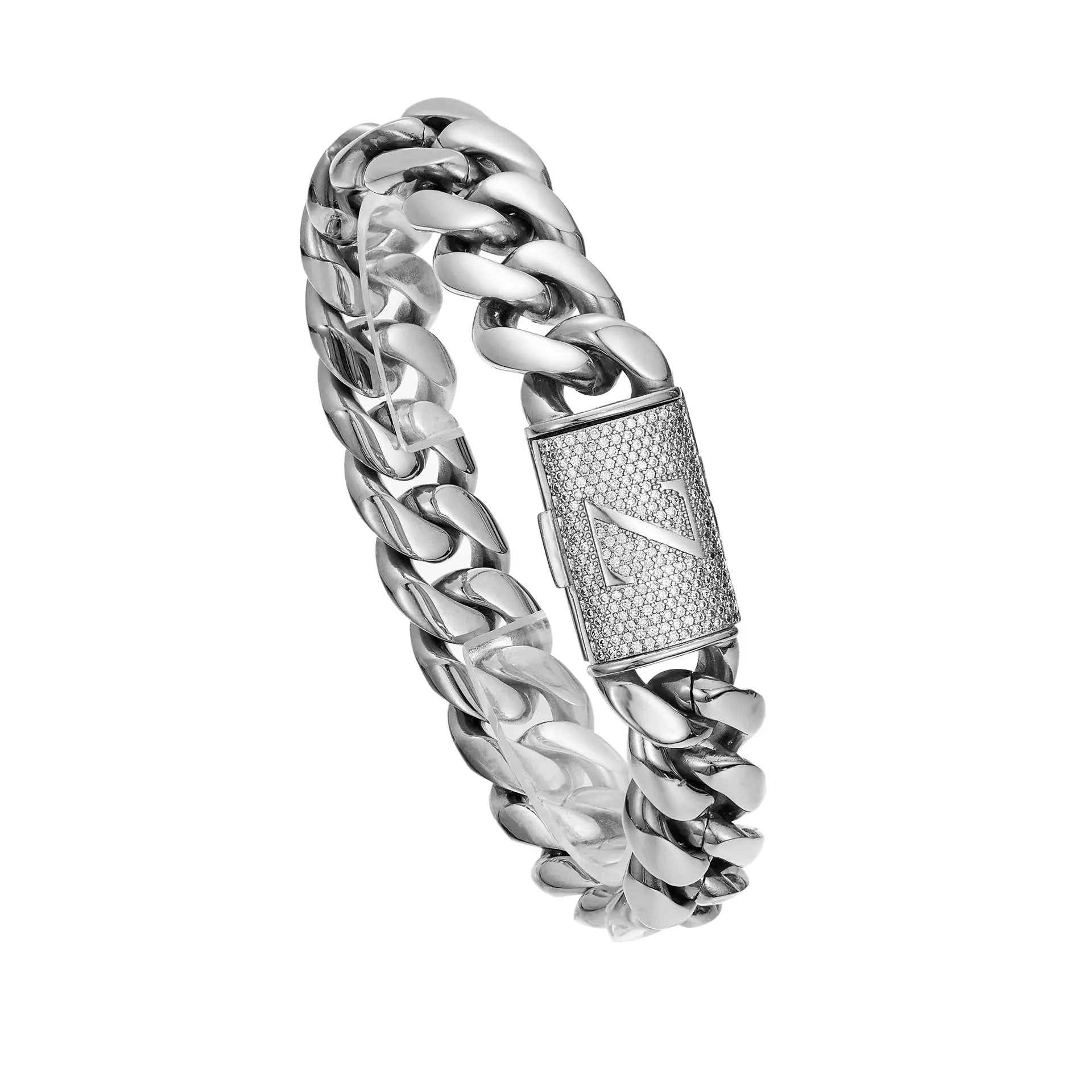 Silver Stainless Steel Cuban Link Bracelet for Men, 14Mm Heavy Chain with A–Z Initial Letter Clasp, Gothic Punk Hip Hop Style, Personalized Modern Gift for Him Tiktokshopspringglowup