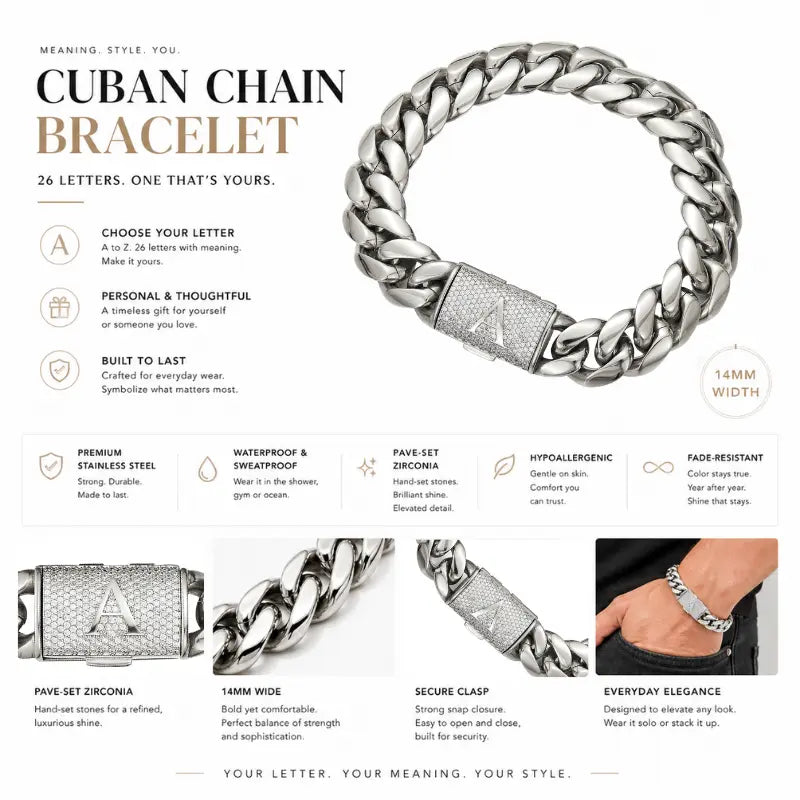 Silver Stainless Steel Cuban Link Bracelet for Men, 14Mm Heavy Chain with A–Z Initial Letter Clasp, Gothic Punk Hip Hop Style, Personalized Modern Gift for Him Tiktokshopspringglowup