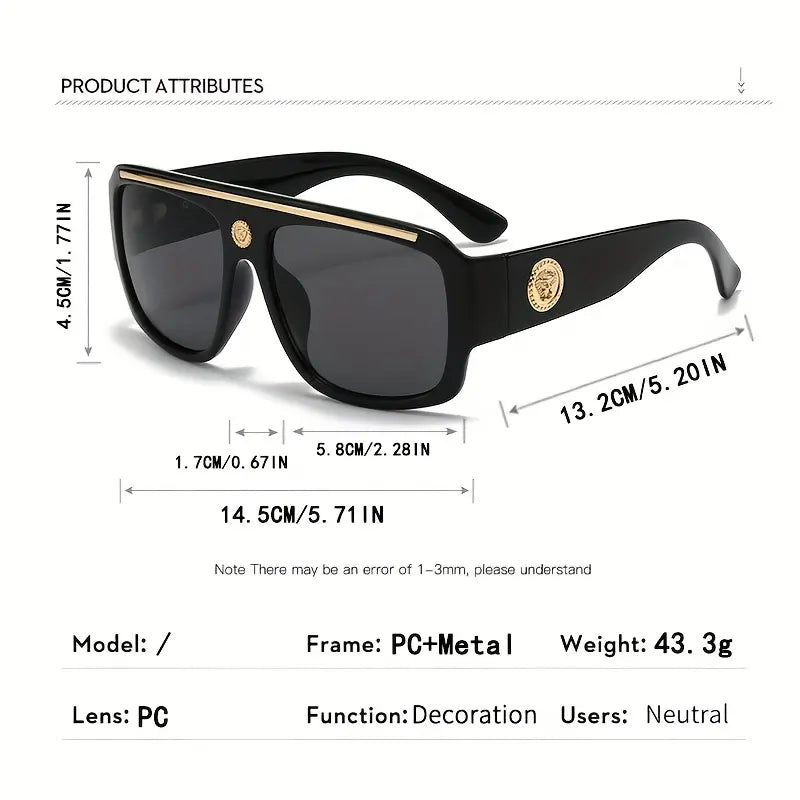 Unisex 2-Piece Vintage Full Rim Square Sunglasses, Lightweight PC (Polycarbonate) Frames with Metal Head Decoration, Fashion Eyewear for Beach & Daily Wear, Guys Gifts Women'S Sunglasses Accessories