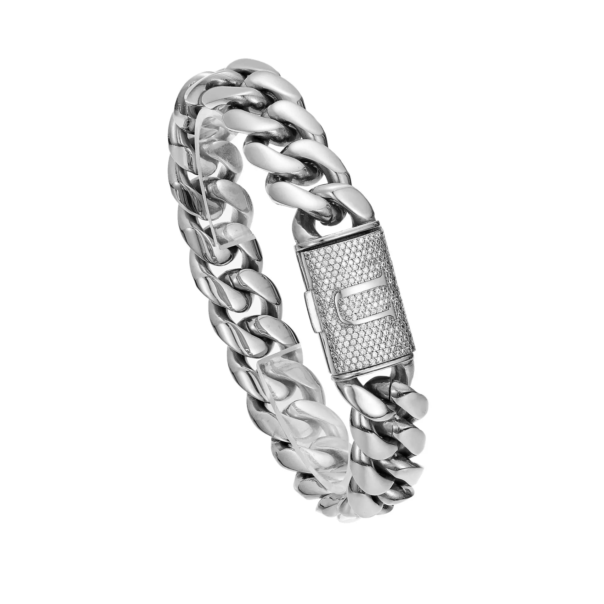 Silver Stainless Steel Cuban Link Bracelet for Men, 14Mm Heavy Chain with A–Z Initial Letter Clasp, Gothic Punk Hip Hop Style, Personalized Modern Gift for Him Tiktokshopspringglowup