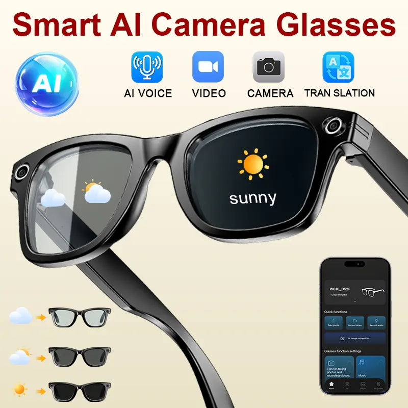AI Smart Glasses with Camera, 8MP HD Video Recording, Hands-Free Capture, Bluetooth Audio & Calls, Real-Time Translation, Photochromic Lenses for Travel & Daily Use