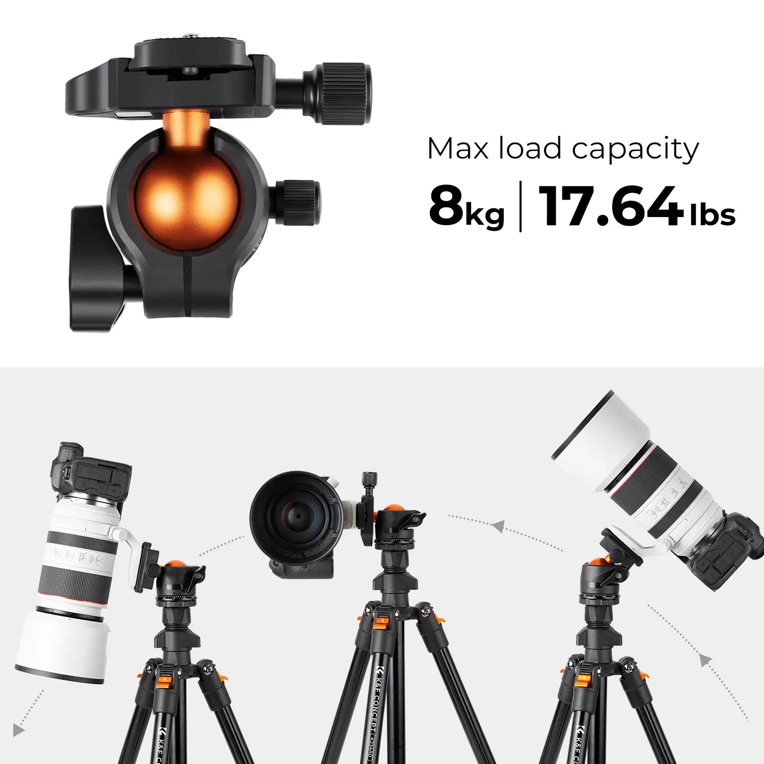 [K&F CONCEPT]K&F Concept 64 Inch/163Cm Camera Tripod,Lightweight Travel Outdoor DSLR Tripods with 360 Degree Ball Head Load Capacity 8Kg/17.6Lbs,Cellphone Clip for Smartphone Live Streaming Vlog O234A1+BH-36 ,Deskmount