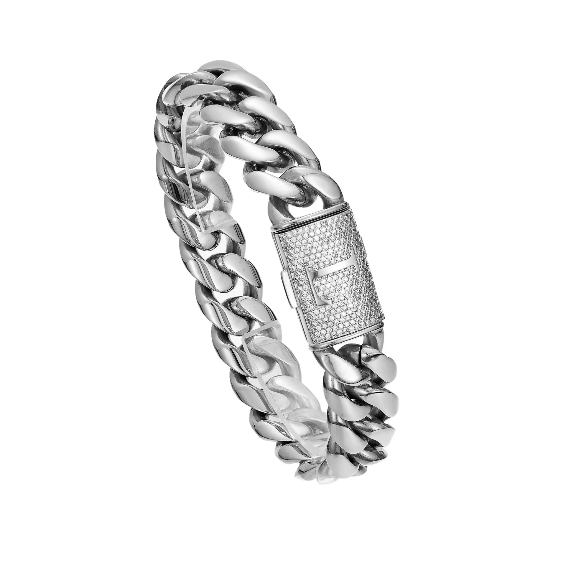 Silver Stainless Steel Cuban Link Bracelet for Men, 14Mm Heavy Chain with A–Z Initial Letter Clasp, Gothic Punk Hip Hop Style, Personalized Modern Gift for Him Tiktokshopspringglowup