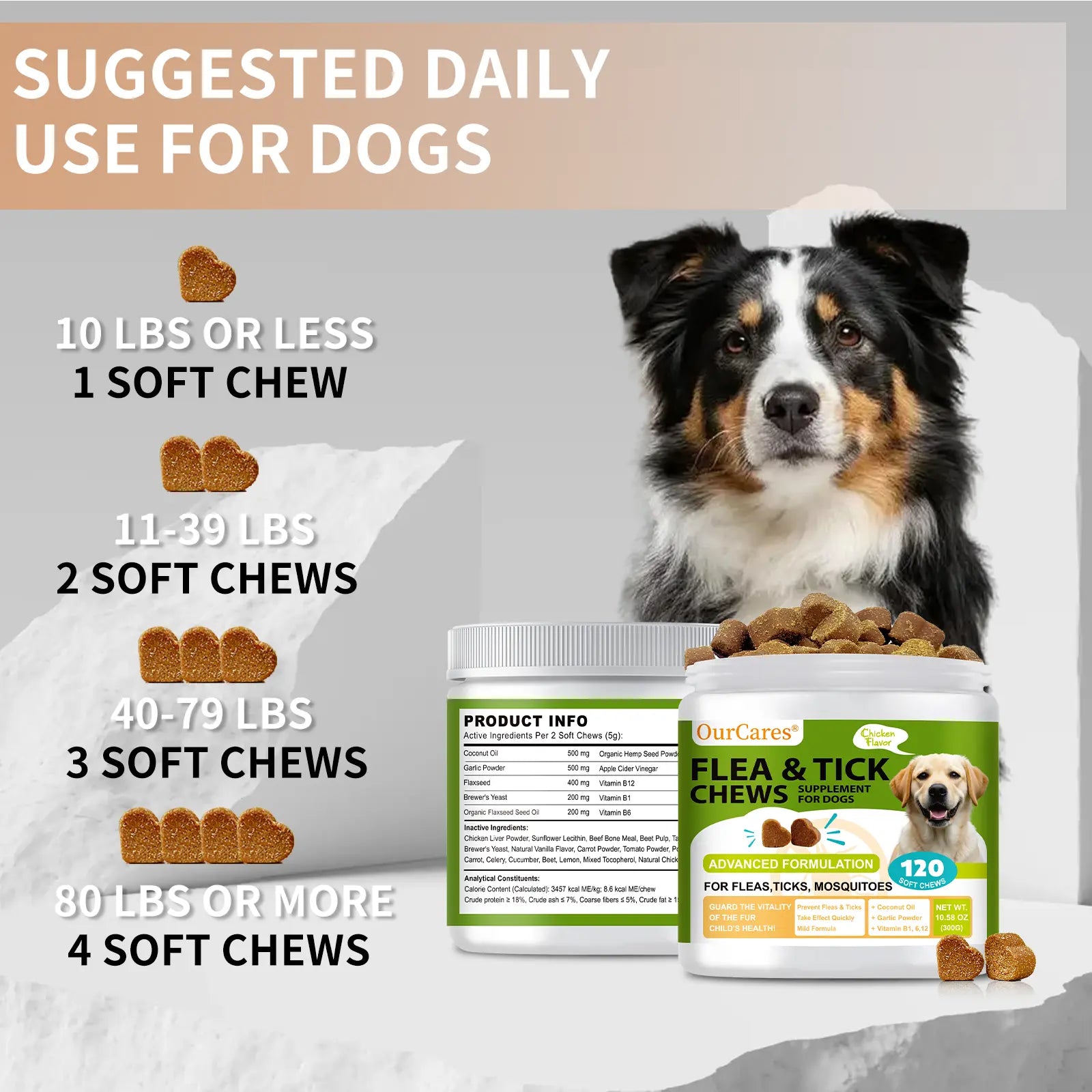 OURCARES Bites Prevention Chews for Dogs Natural Chicken Flavor 120 Count Plant-Based with Probiotics Coconut Oil Flaxseed & Fish Oil for All Breeds-New & OLD PACKAGING,RANDOM DELIVERY