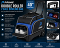 Prime Double Roller 2 Ball Bowling Bag with Large Separate Compartment for Bowling Shoes (Up to US Mens Size 16) or Accessories, Locking Handle - Extends to 40"