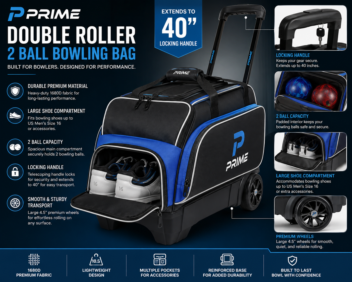 Prime Double Roller 2 Ball Bowling Bag with Large Separate Compartment for Bowling Shoes (Up to US Mens Size 16) or Accessories, Locking Handle - Extends to 40"
