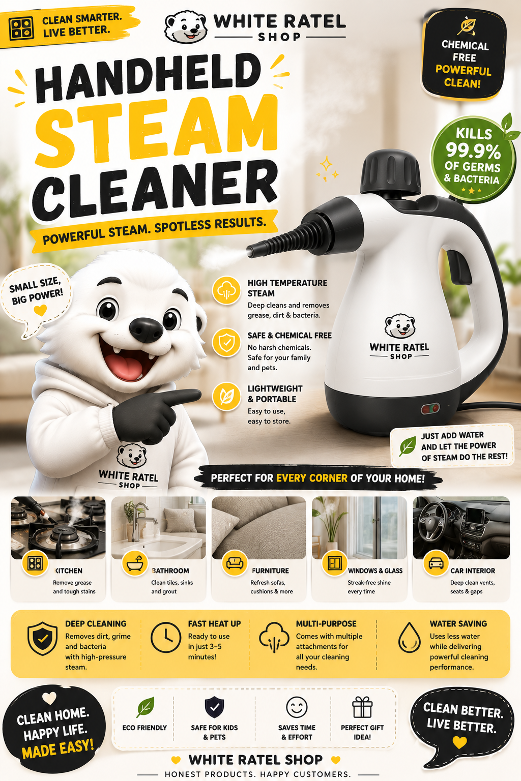 Handheld Steam Cleaner, High-Powered 1050W Multi-Surface Cleaner for Kitchen Bathroom Car Interior, 8-Piece Accessory Kit, Child Lock Safety, Black Friday Deal Cleaning Machines Cleaning Set