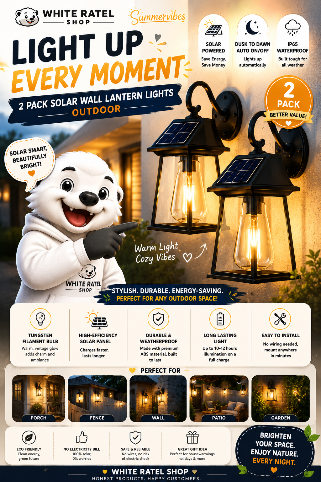 Summervibes，2 Pack Solar Wall Lantern Lights Outdoor, IP65 Waterproof Solar Powered Hanging Lights with Tungsten Filament Bulb, Dusk to Dawn Auto On/Off Solar Sconce Lights for Porch, Fence, Wall, Patio Deco