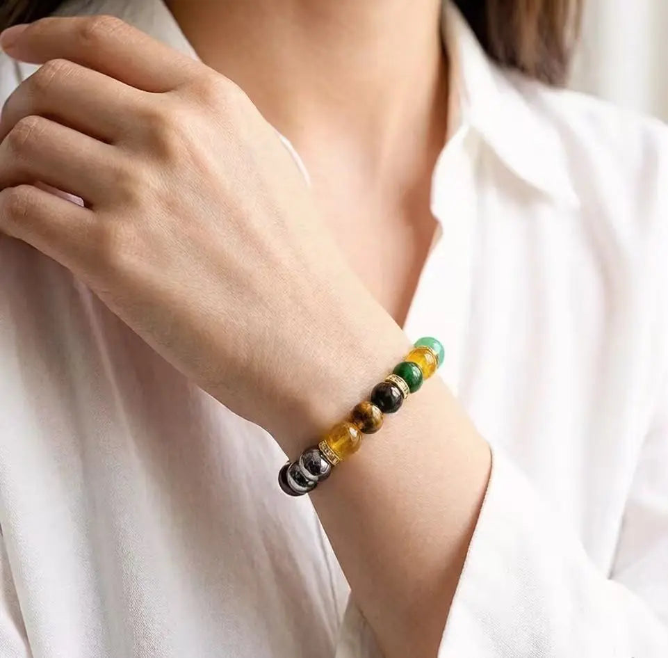 Attract Wealth,Abundance and Prosperity - Lucky Money Bracelet W/ Black Onyx & Tiger'S Eye,Natural Tiger Eye Beaded Lemon Jade + Jade Green Money Attracting Bracelet