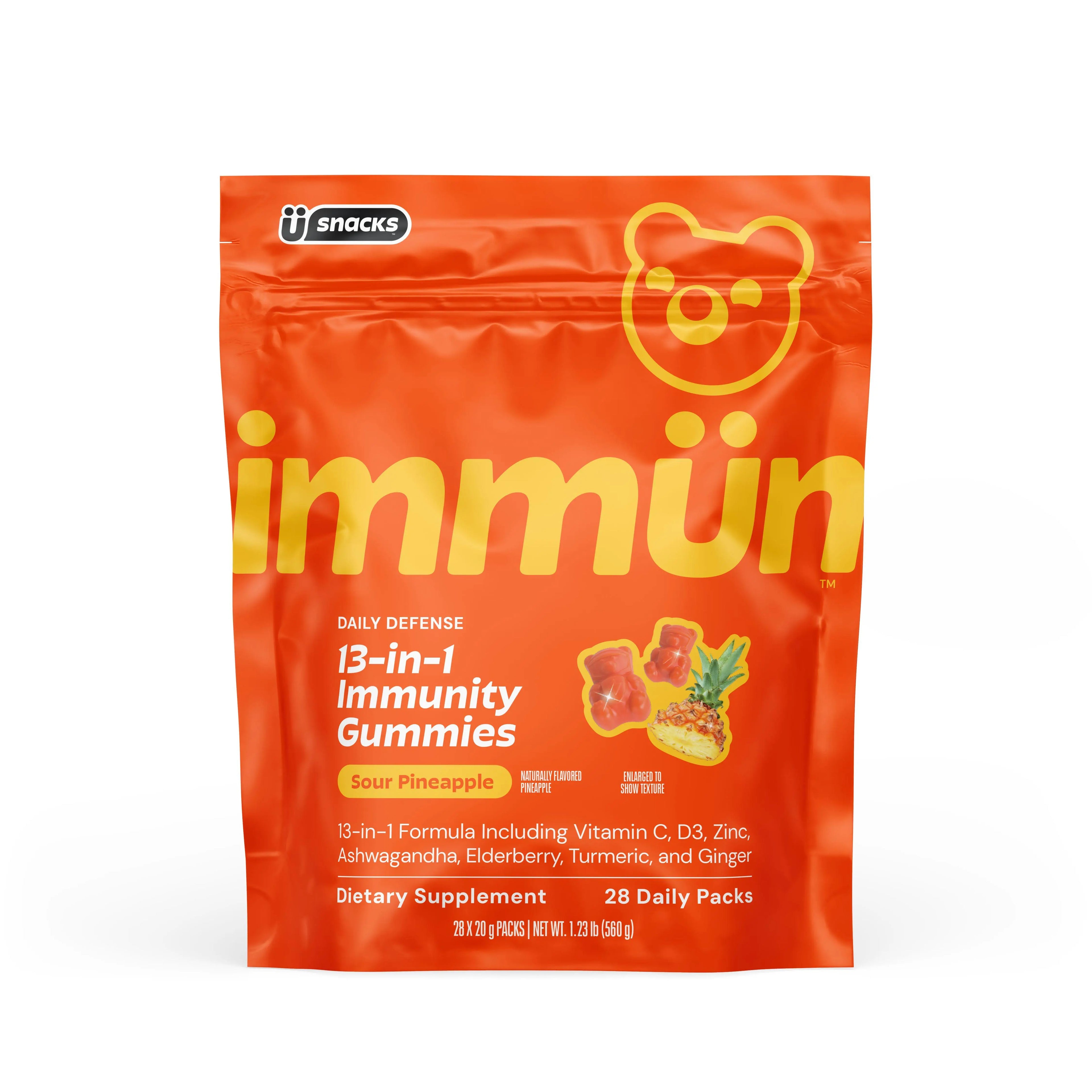 Immün 13-In-1 Immunity Gummies (Sour Pineapple): Daily Immune Defense Supplement with 13 Clinically Studied Ingredients: Vitamin C, D3, Zinc, Ashwagandha KSM-66, Elderberry, Prebiotics, Adaptogens, Gluten Free, Vegan, Third Party Tested
