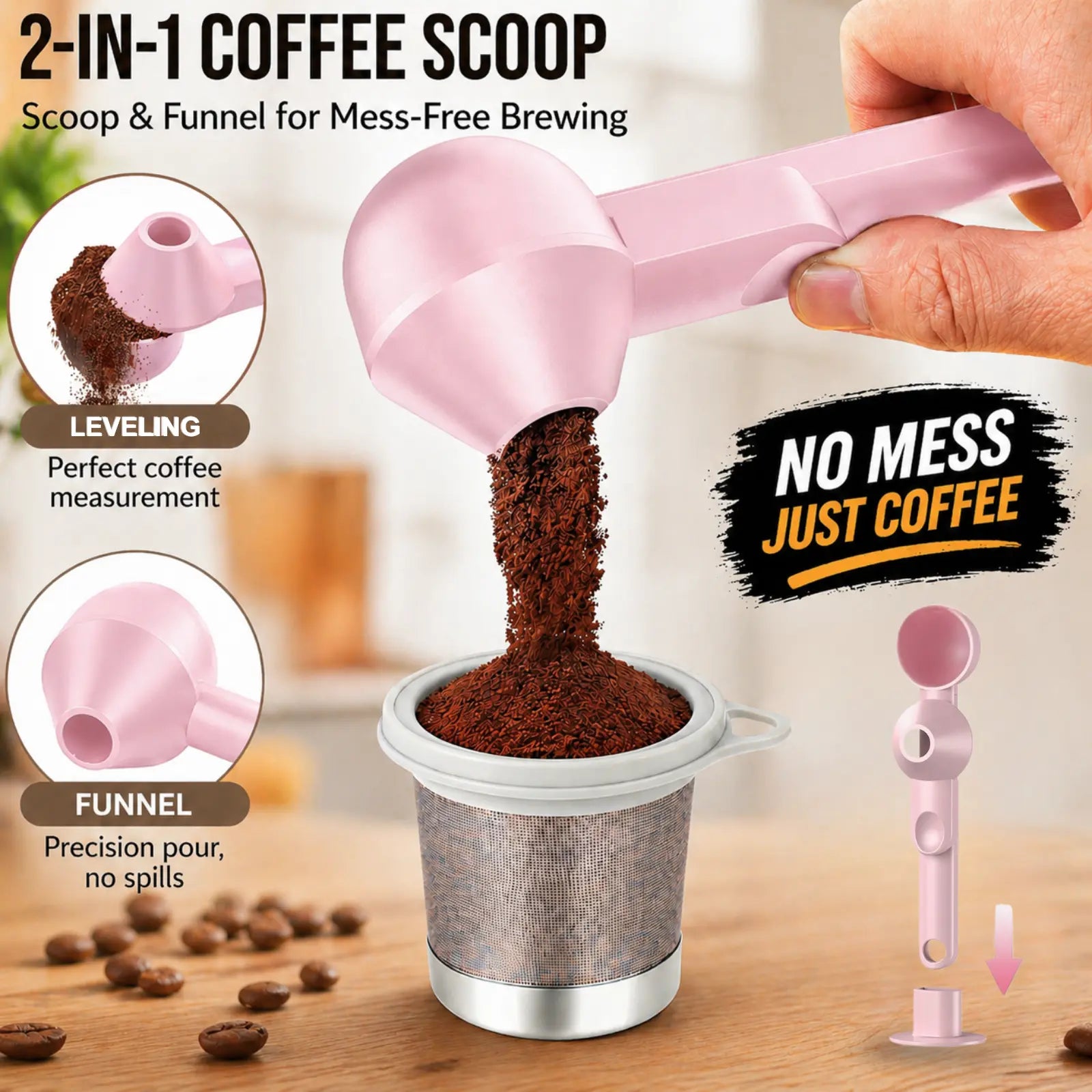 Coffee Scoop with Funnel for Reusable K Cup Refillable Coffee Pods, 2 TBSP Mess-Free Measuring Spoon with Sliding Leveler, Ideal for Ground Coffee, Protein Powder & Tea (1-Pack)
