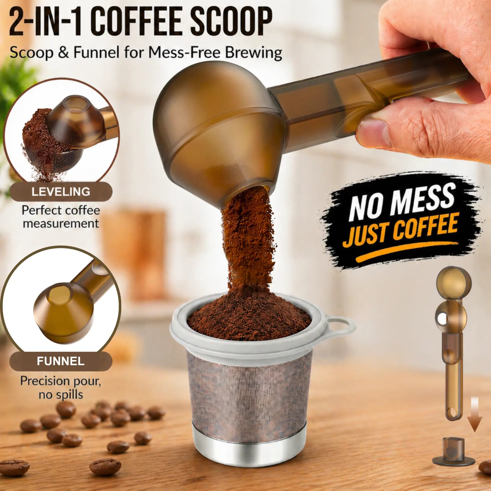 Coffee Scoop with Funnel for Reusable K Cup Refillable Coffee Pods, 2 TBSP Mess-Free Measuring Spoon with Sliding Leveler, Ideal for Ground Coffee, Protein Powder & Tea (1-Pack)
